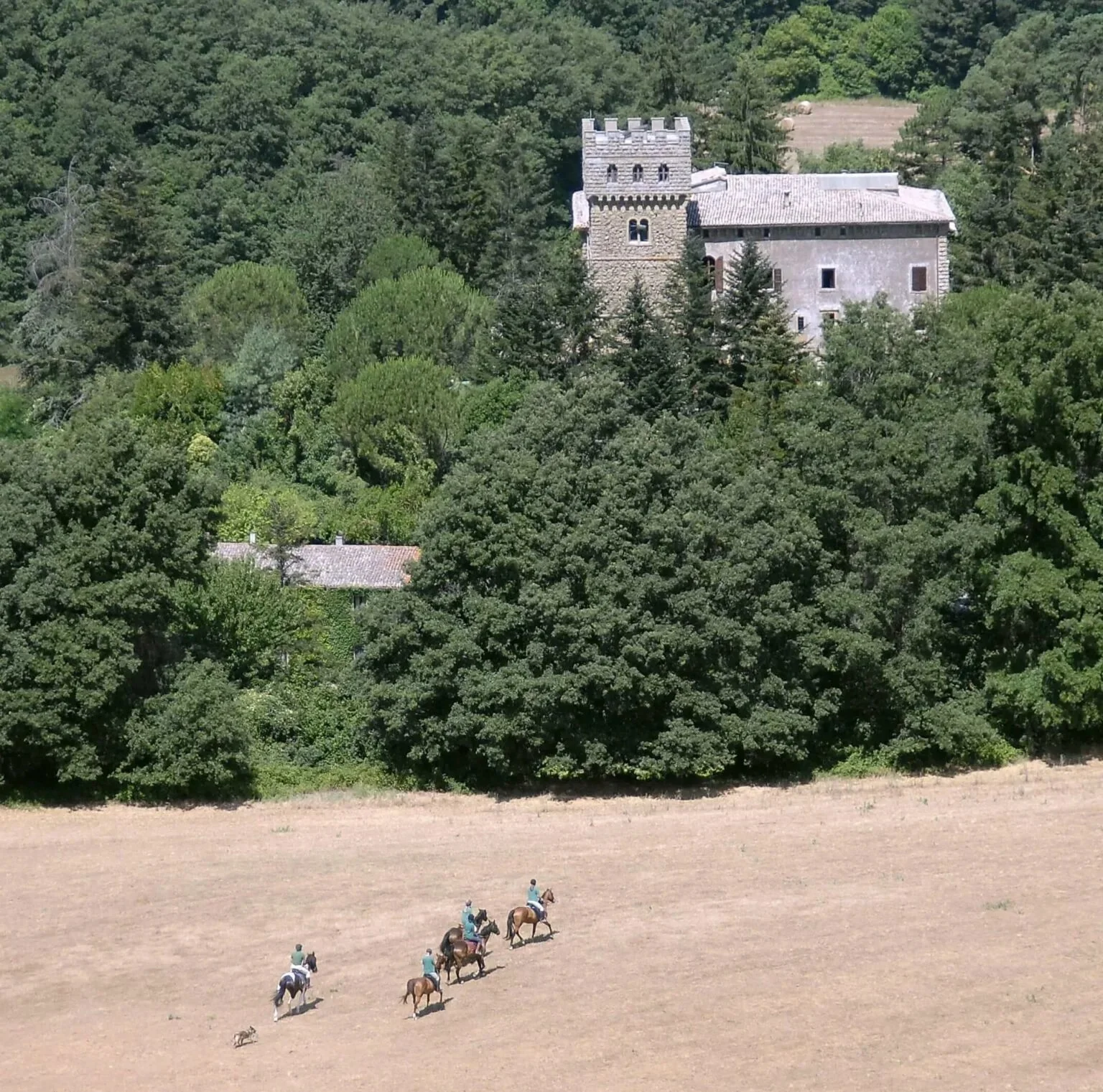 A group of rider is crossing a meadow in the distance, heading to a medieval castle in Italy.