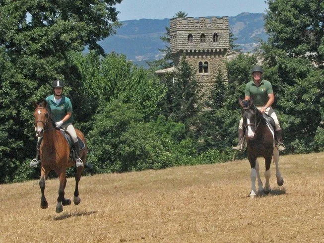 Two riders galloping in a meadow with a medieval castle in the background. 