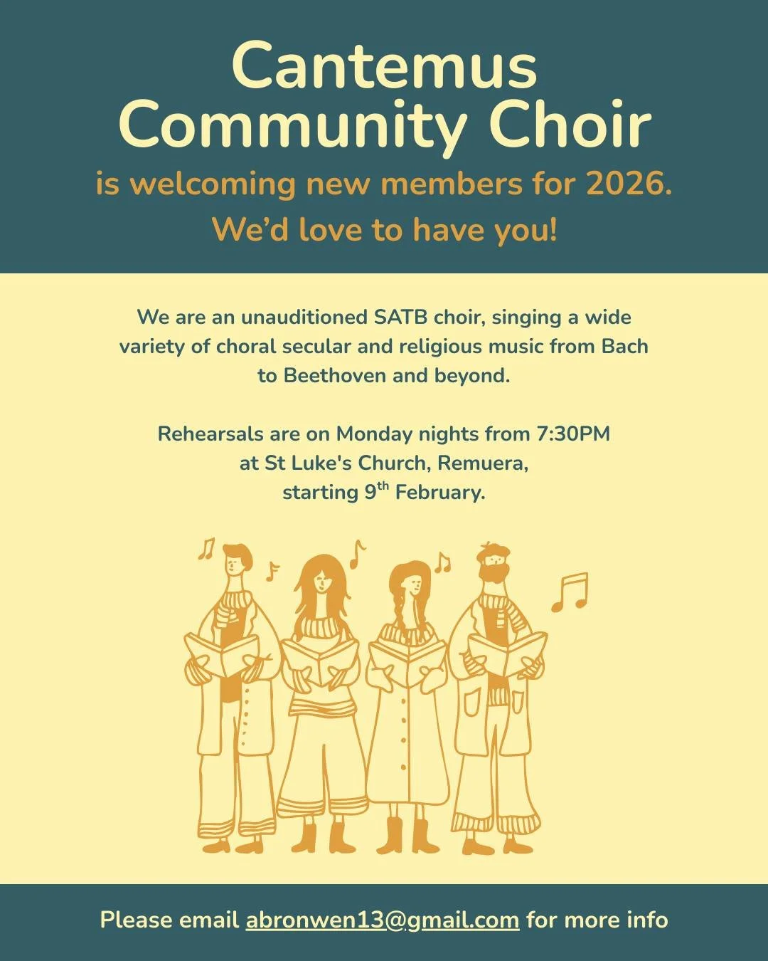 Yellow background with green fonts. Illustration of four people in a choir singing. A flyer to invite people to join the SATB choir.