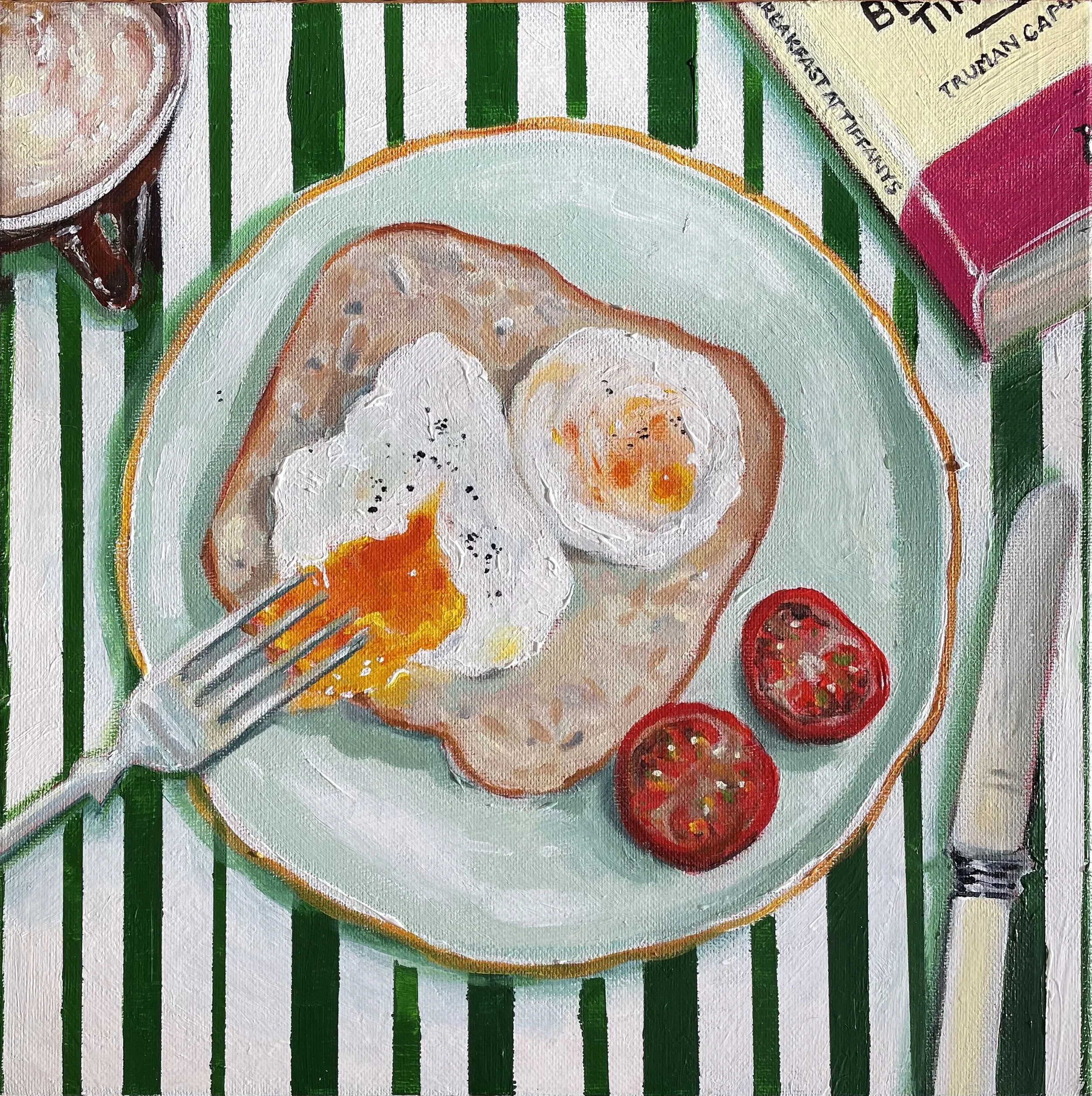 Sunday poached eggs on sourdough, acrylic on canvas, framed in Tassie Oak, 
33 x 33 cm, 2023, $570

Available  - The Toowoomba Gallery
