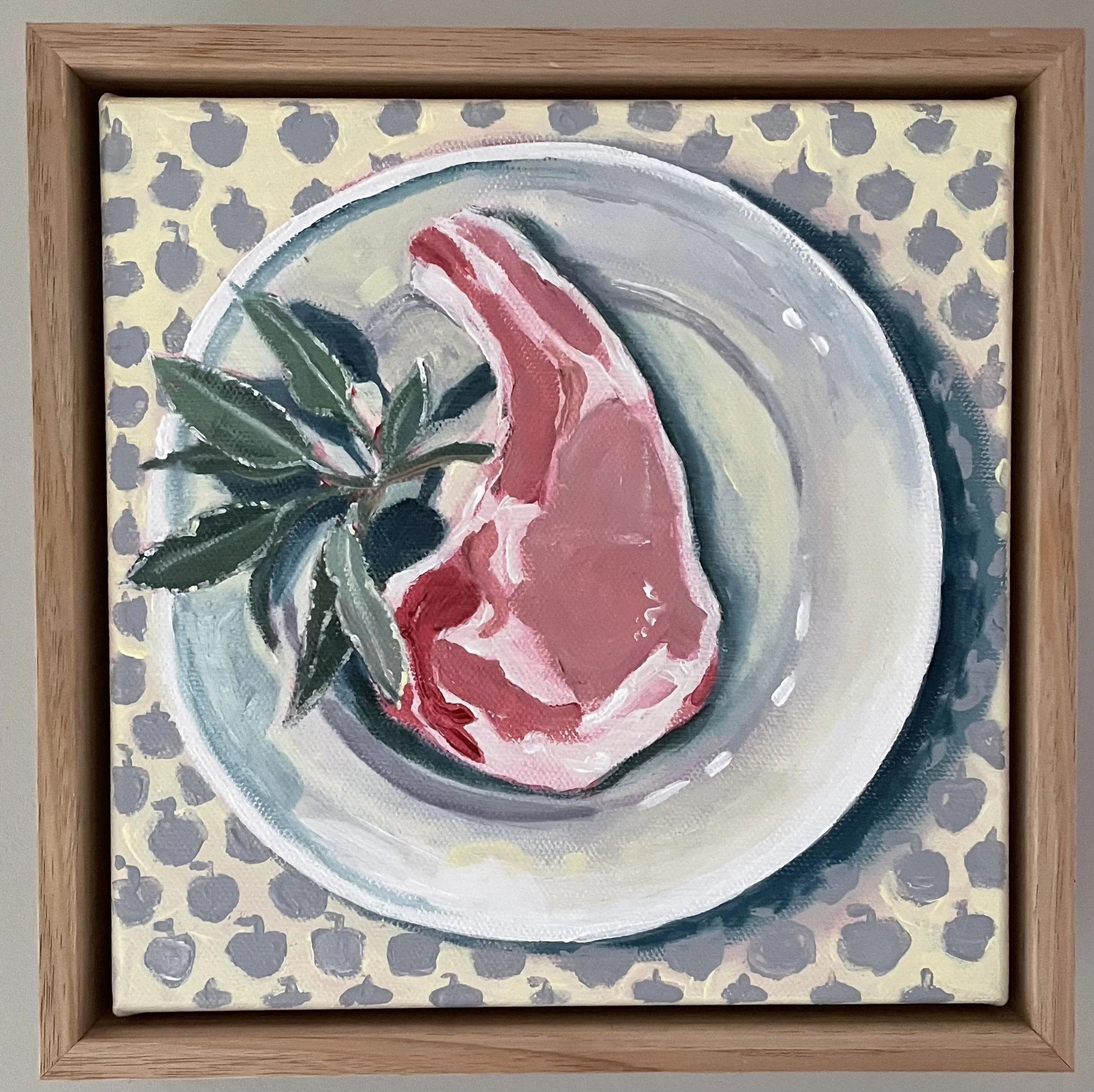 Pork chop with sage, acrylic on canvas, framed in Tassie Oak, 33 x 33 cm, 2022, $360

Available - The Toowoomba Gallery