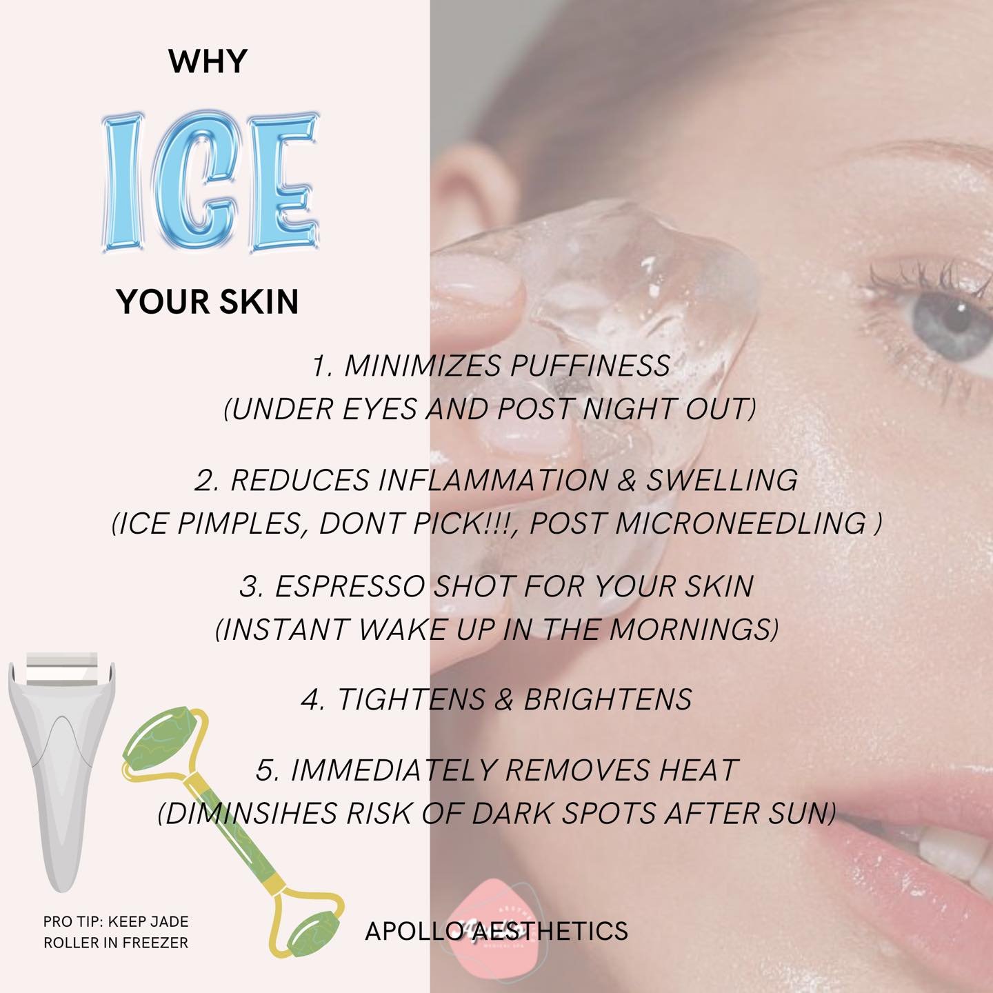 🧊 It feels amazing! Gives an instant glowing effect, minimizes inflamed pimples, and de-puffs!
Try it with a jade roller or actual ice roller in the freezer. If you don&rsquo;t have either, use a piece of ice. 
I recommend using each morning after c