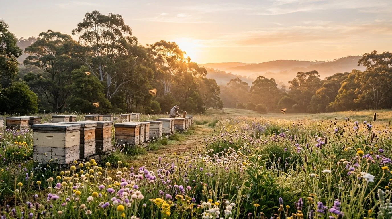 Beekeeper tending wooden beehives in an Australian wildflower meadow at golden hour — Art of the Hive raw honey farm, NSW
