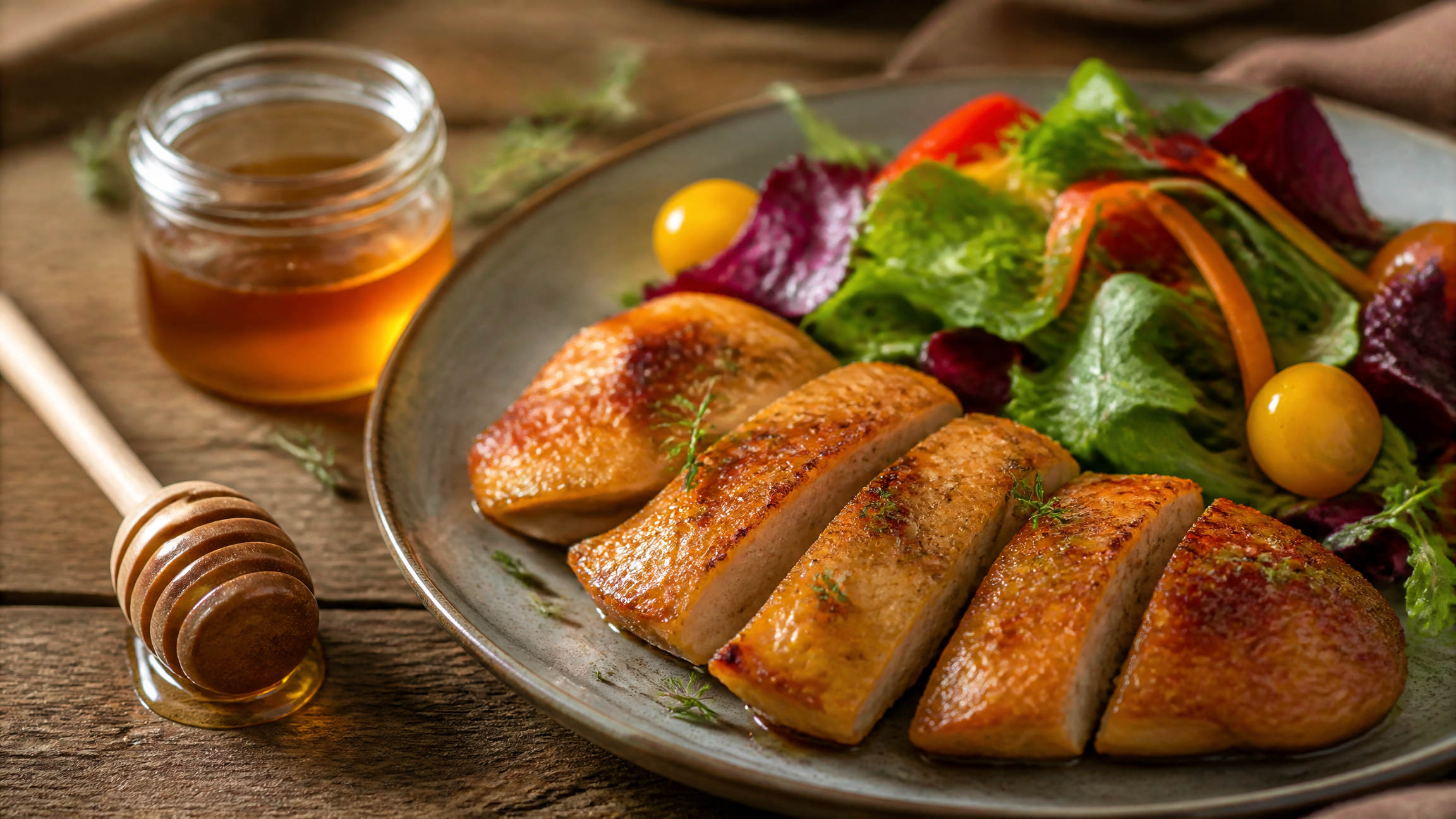 A fresh honey-glazed salad lunch with a jar of honey — Art of the Hive lunch recipes