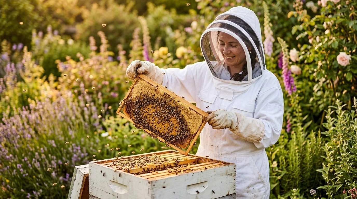 A careful hive inspection, frame in hand — Art of the Hive