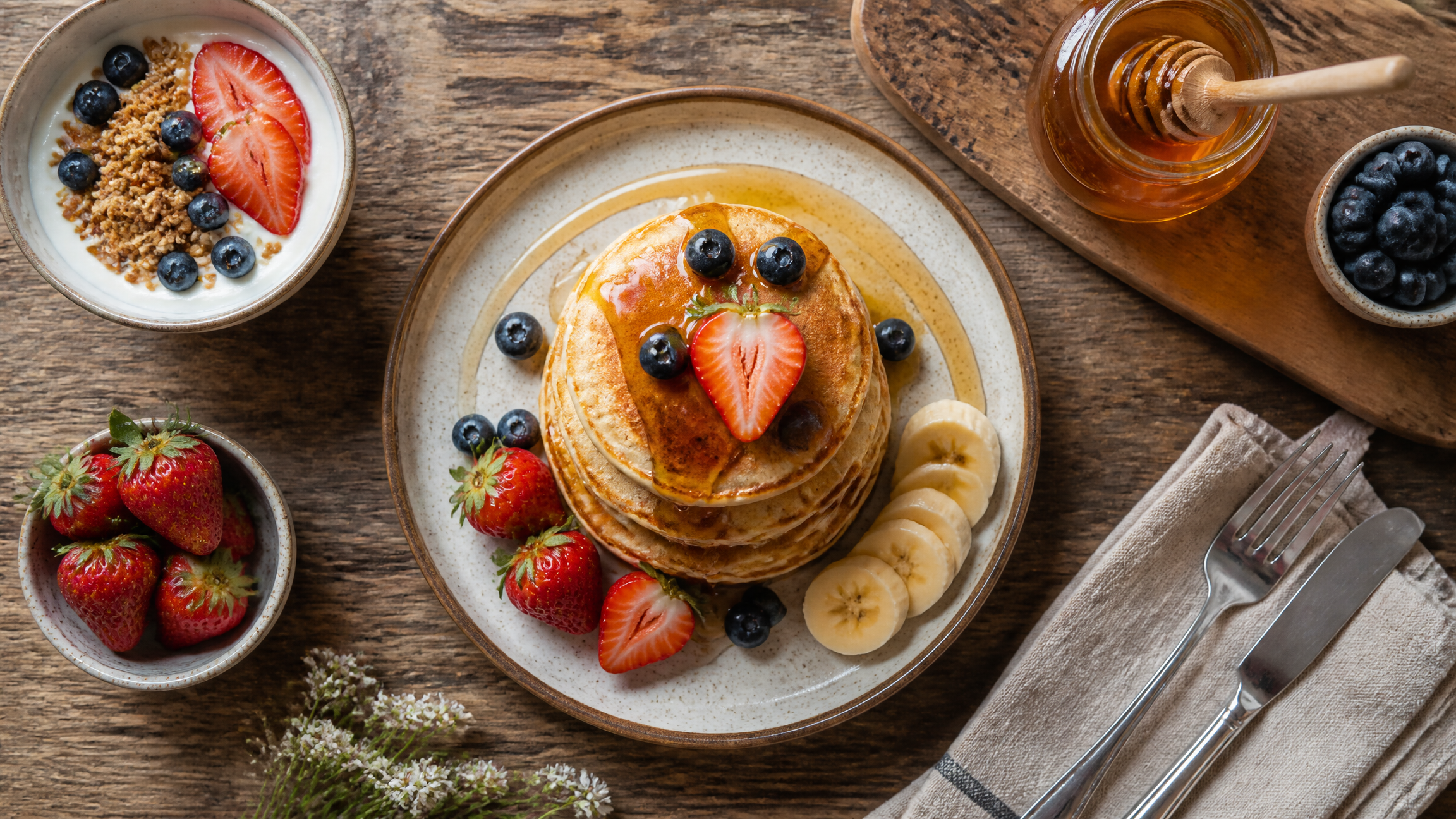 Honey-drizzled pancakes, fresh fruit and yoghurt — breakfast honey recipes from Art of the Hive