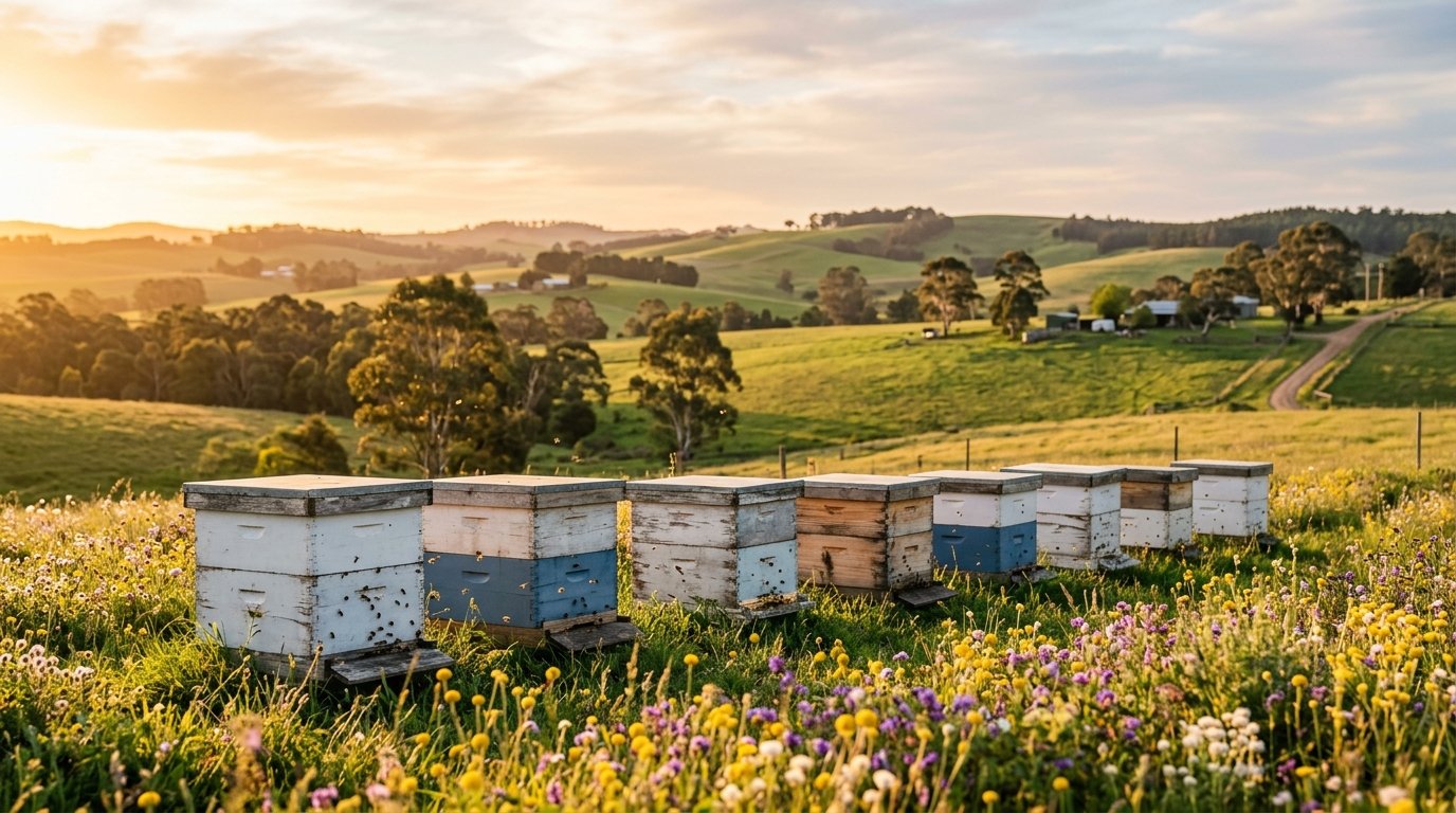 Our hives at golden hour on the 200-acre Mudgee farm, NSW — Art of the Hive