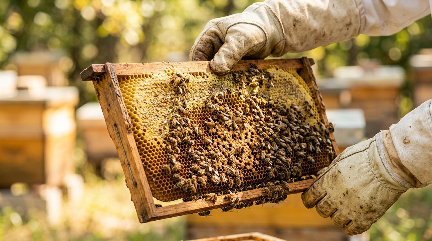Lifting a frame of golden honeycomb, fresh from the hive — Art of the Hive