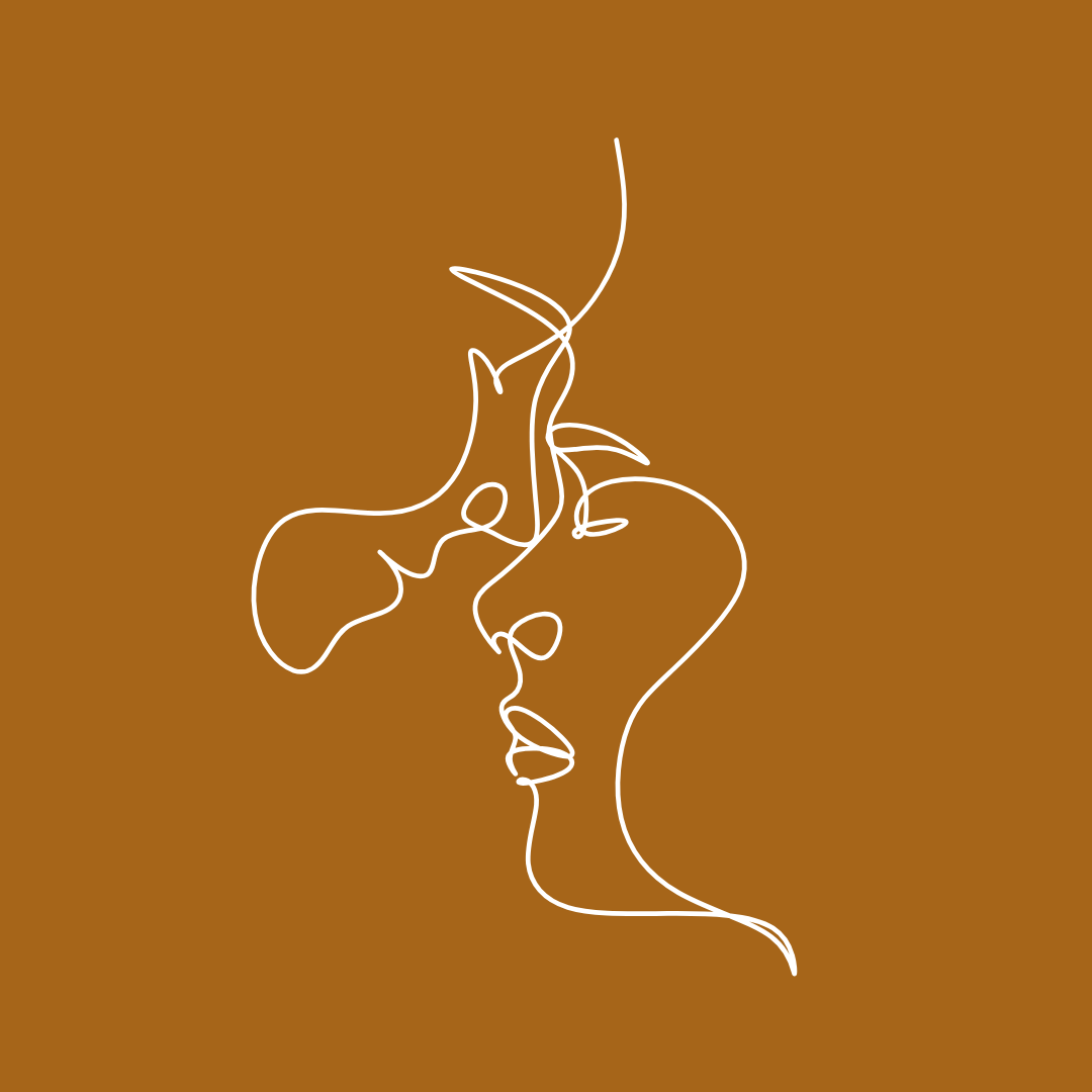 Line art drawing of a couple kissing on a brown background.