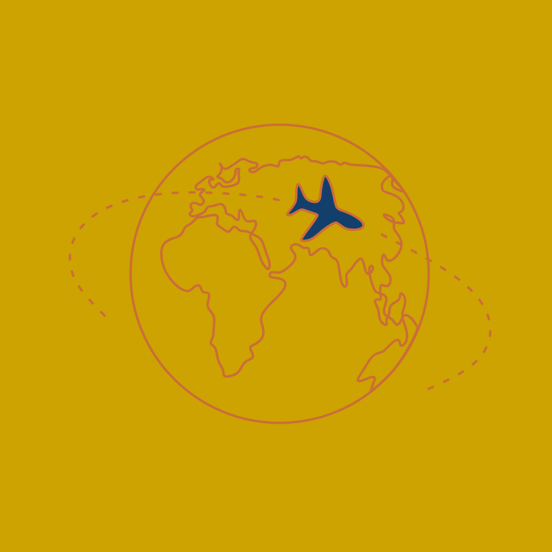 Iconic world map with a dark blue airplane silhouette flying over Asia, yellow background, and pink outlines of continents.