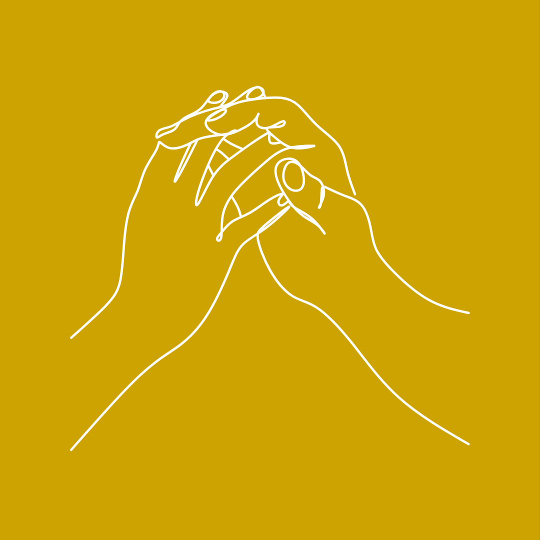 Minimalist line drawing of two hands intertwined against a yellow background.