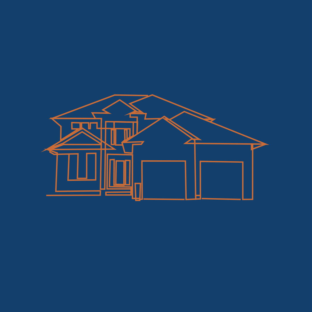 Line drawing of a house with multiple rooflines and a two-car garage on dark blue background.