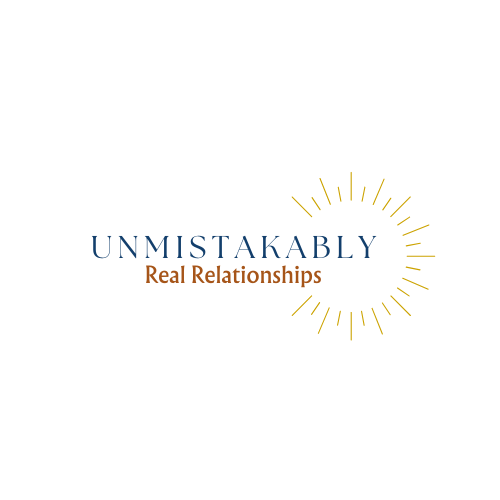 Logo with the words "UNMISTAKABLY" in blue and "Real Relationships" in orange, surrounded by a yellow sunburst design