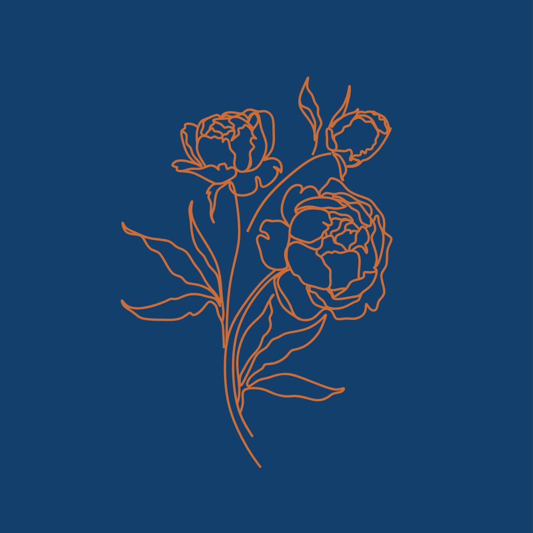 Line art illustration of a flower with three blooms and leaves on a navy blue background.