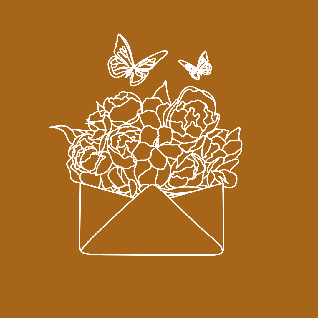 Line drawing of a bouquet of flowers inside an envelope with two butterflies above, on a brown background.