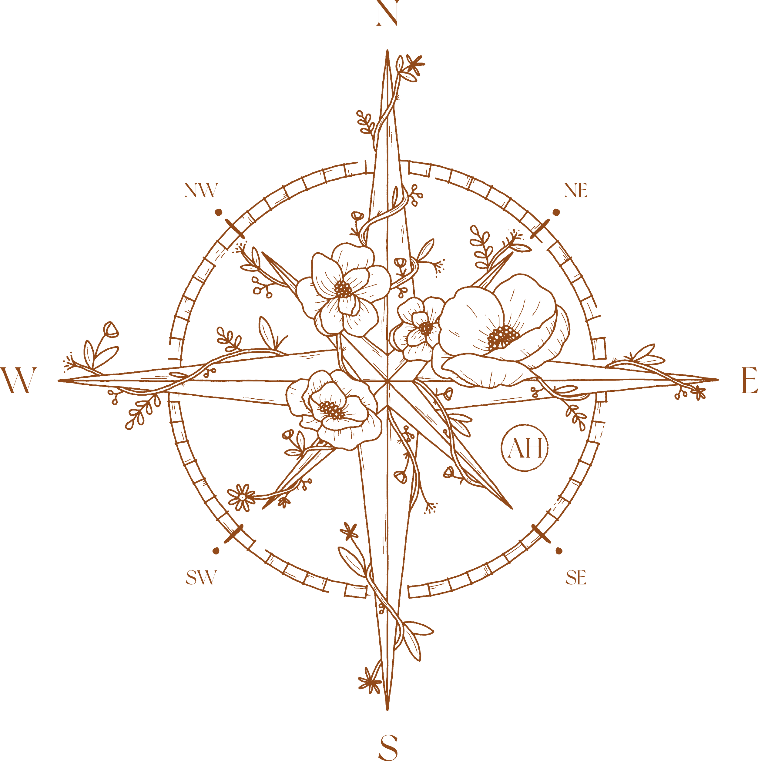 A decorative compass rose with floral designs in brown on a black background, indicating the cardinal directions (N, NE, E, SE, S, SW, W, NW) and initials 'AH'.