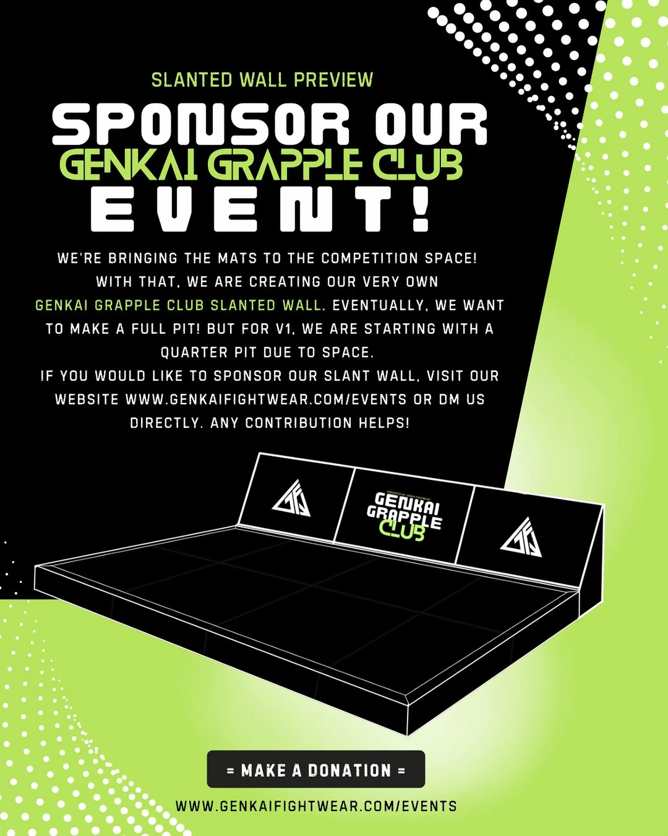 ❇️ Genkai Grapple Club ❇️ // We are building something BIG for the Genkai Grapple Club V1 Event ! 

Want to help us make it happen? 
✅ Businesses: Your logo will be featured on our event banners and highlighted throughout our promos &mdash; seen by h