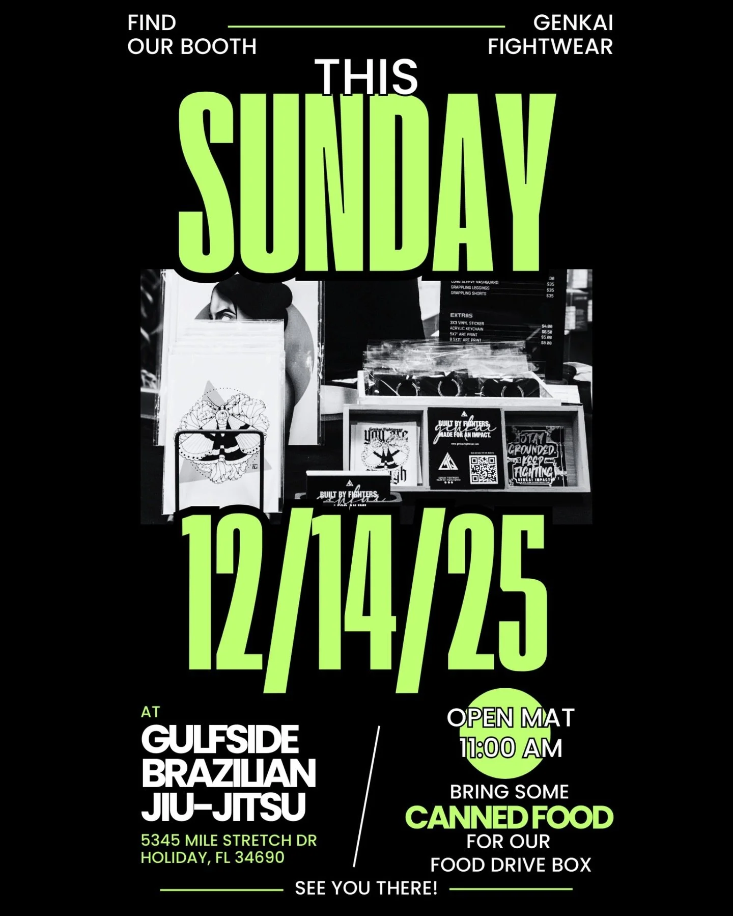 This Sunday, we will have a booth setup at the grand opening of @gulfsidebrazilianjiujitsu &mdash; come check it out and join in on their open mat! 
It&rsquo;s sure to be a good time! 🥋

Gulfside Brazilian Jiu-Jitsu
Sunday, December 14th
@ 11:00am
5