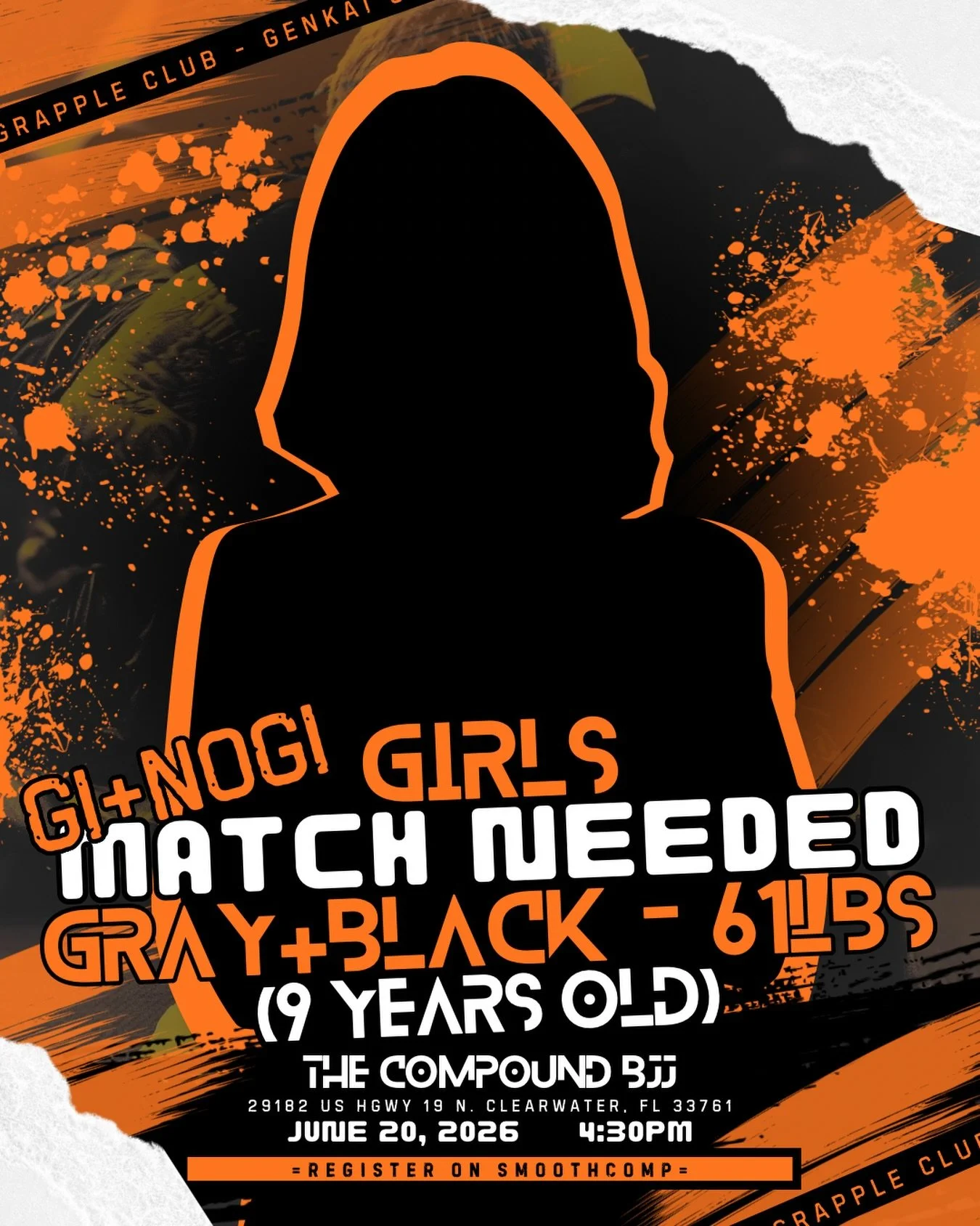 GI &amp; NOGI MATCH NEEDED // 9YO - Girls - 61LBS -
Gray&amp;Black Belt

Think this match is perfect for your kiddo or for someone you know? Send us a DM or register through SMOOTHCOMP to claim this matchup. 

Spots are limited, and you don&rsquo;t w