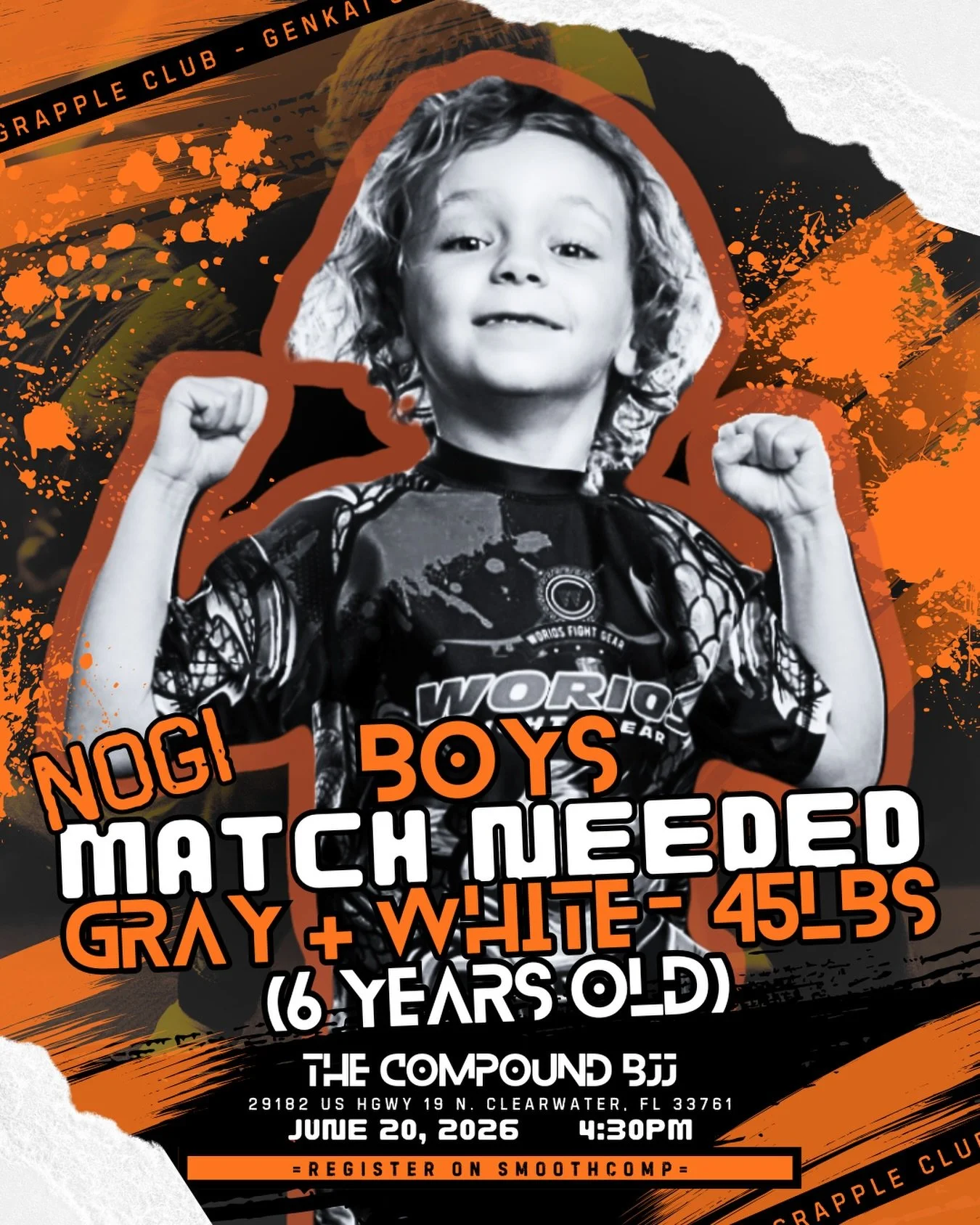 NOGI MATCH NEEDED // Gray+White Belt - 45lbs (6yo)

We&rsquo;ve got a young athlete locked in for Genkai Grapple Club: Volume Two on June 20th! 

We are looking for someone who would be interested in going head to head with him for a submission-only 