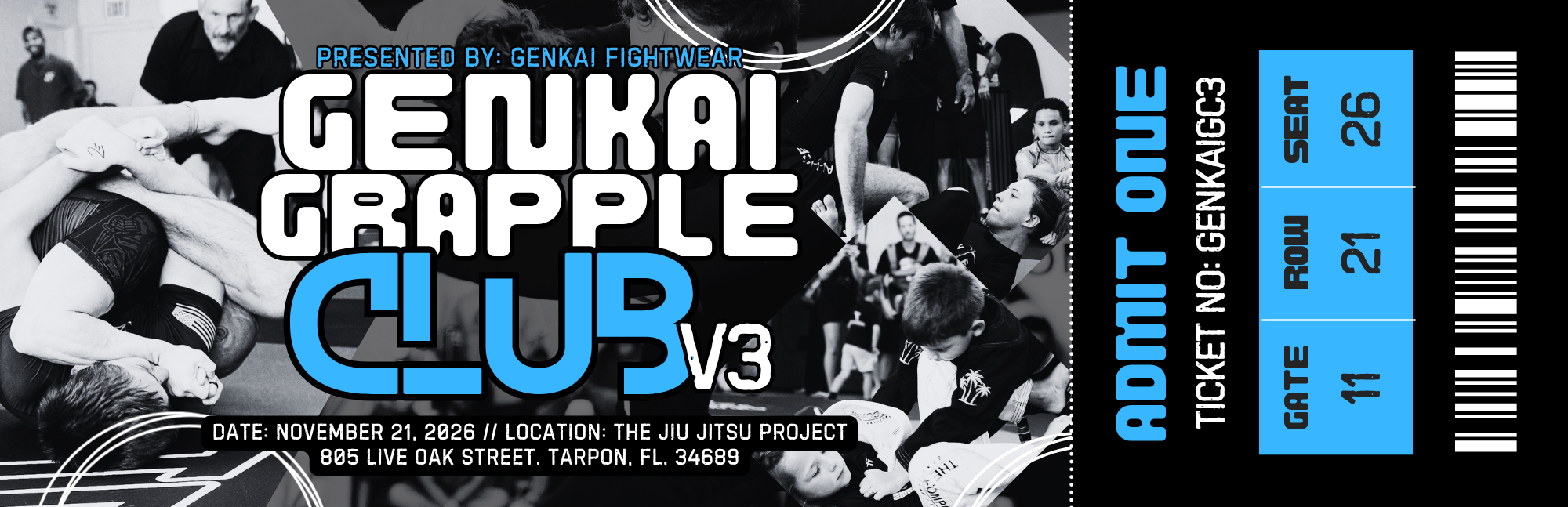 Promotional poster for a grappling competition on a black and white background showing people grappling, with bold white and blue text listing event details.