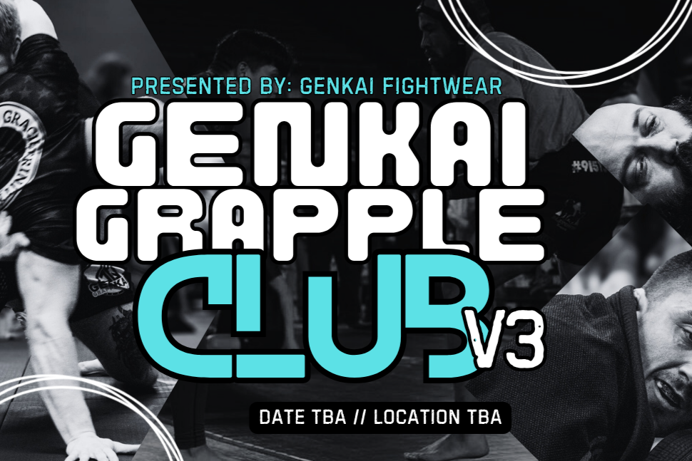 Promotional poster for a grappling competition on a black and white background showing people grappling, with bold white and blue text listing event details.