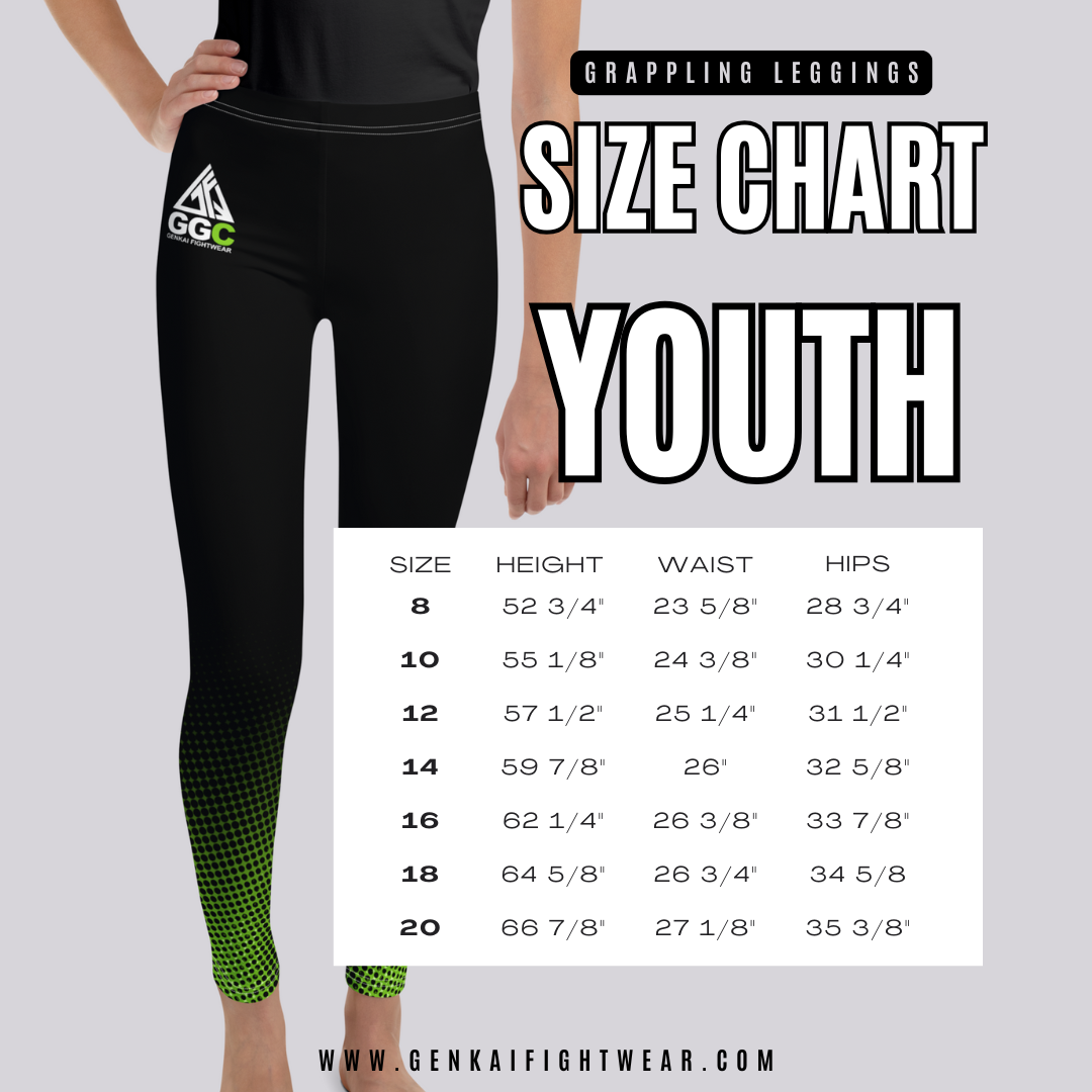 A size chart for youth grappling leggings, showing sizes 8 through 20 with corresponding heights, waists, and hips. The chart is displayed over an image of a person wearing black leggings with green dotted pattern at the bottom.