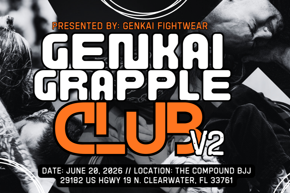 Promotional poster for a grappling competition on a black and white background showing people grappling, with bold white and orange text listing event details.