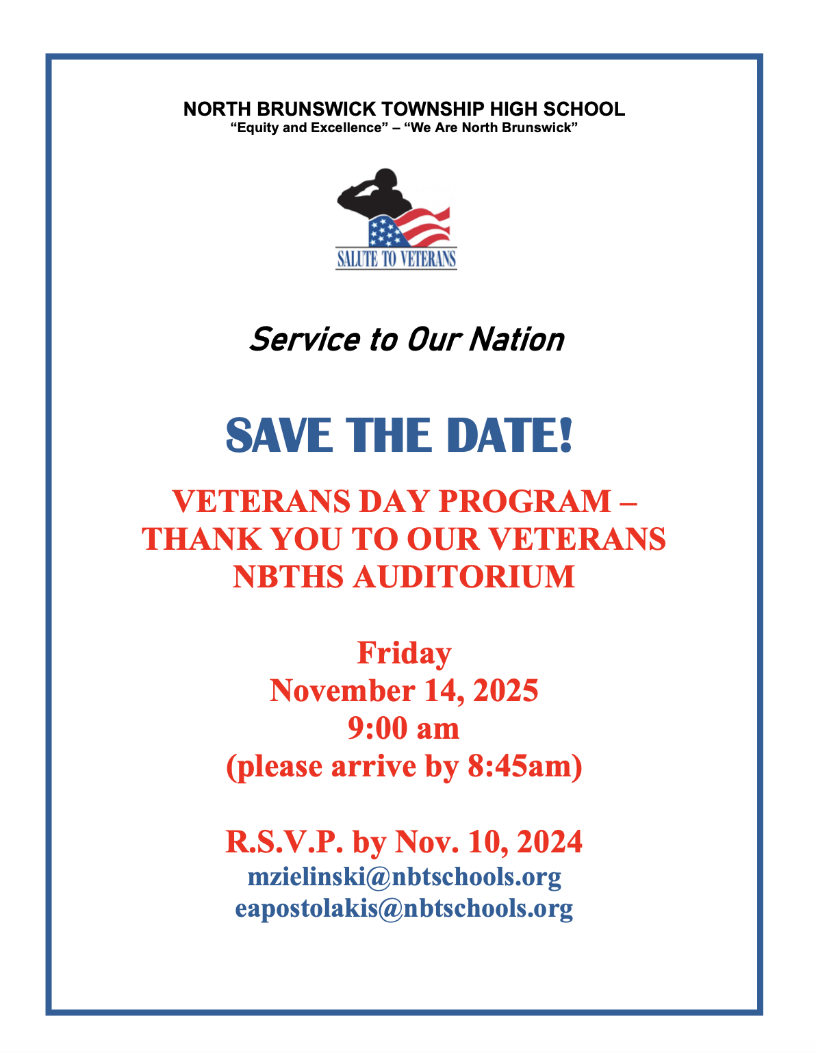 Salute to Veterans Program at North Brunswick Township HS