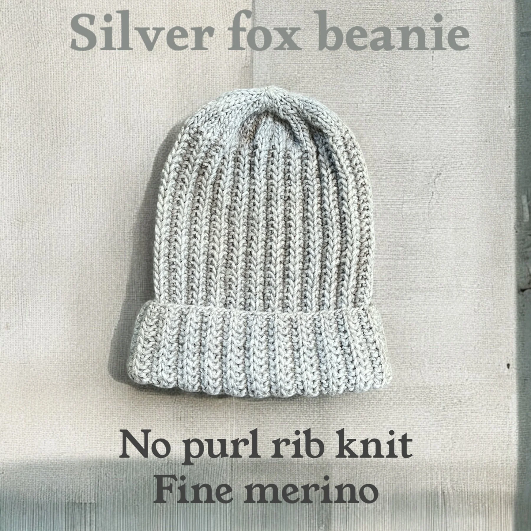 Hand knit "No purl" Silver fox color Fine merino beanie. Made in USA. Unisex. One size