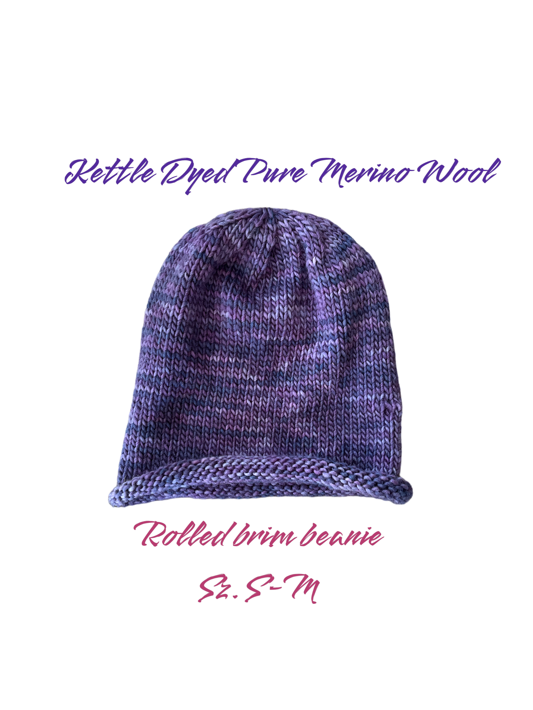 Hand knit beautiful purple pure Merino wool rolled brim beanie, sz. S-M. Handmade in Marin Co