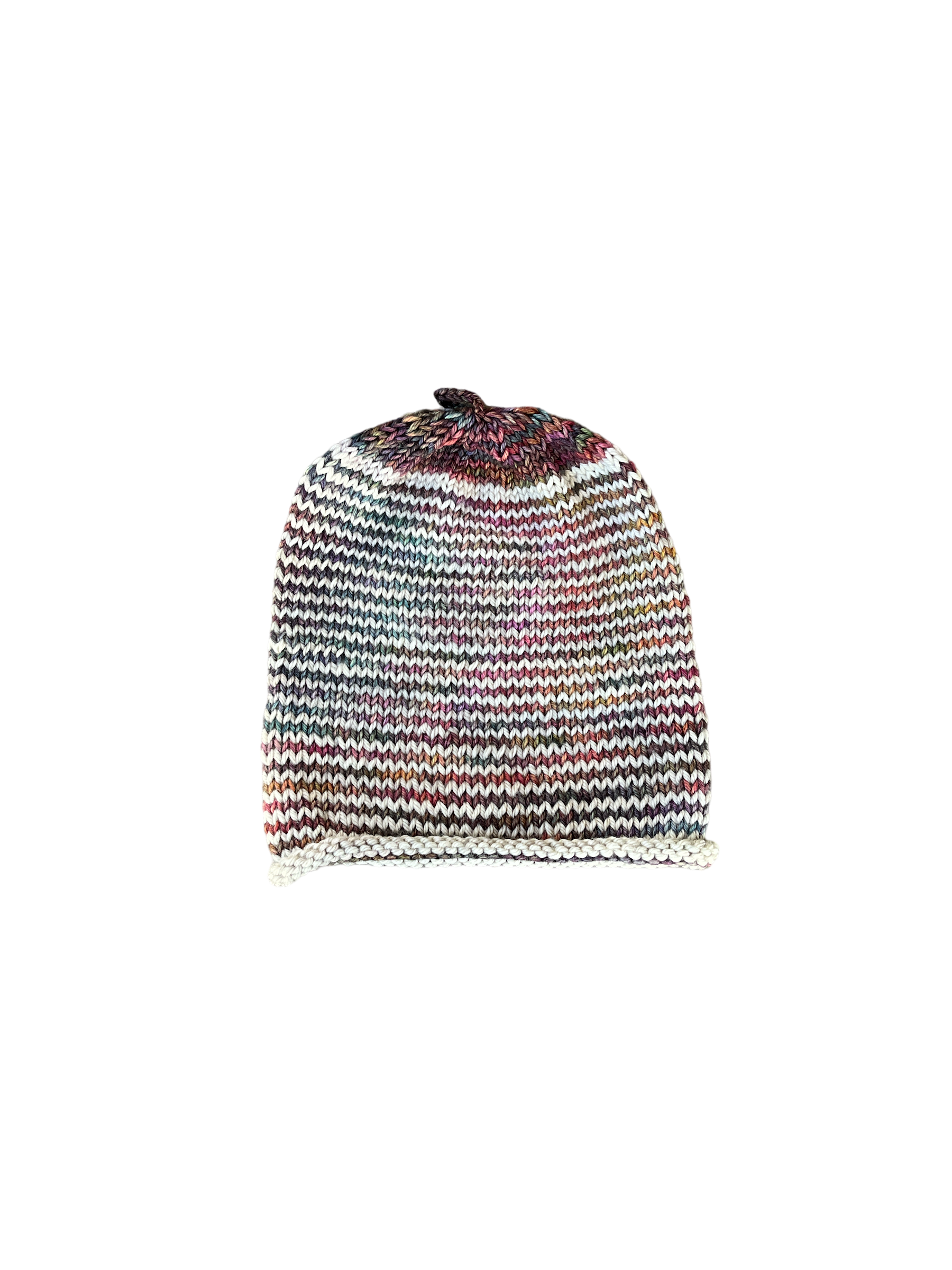 Hand knit Merino wool rolled up brim beanie. Sz. M. Unisex. Made in USA, California, Marin Co; M-009 & M-10