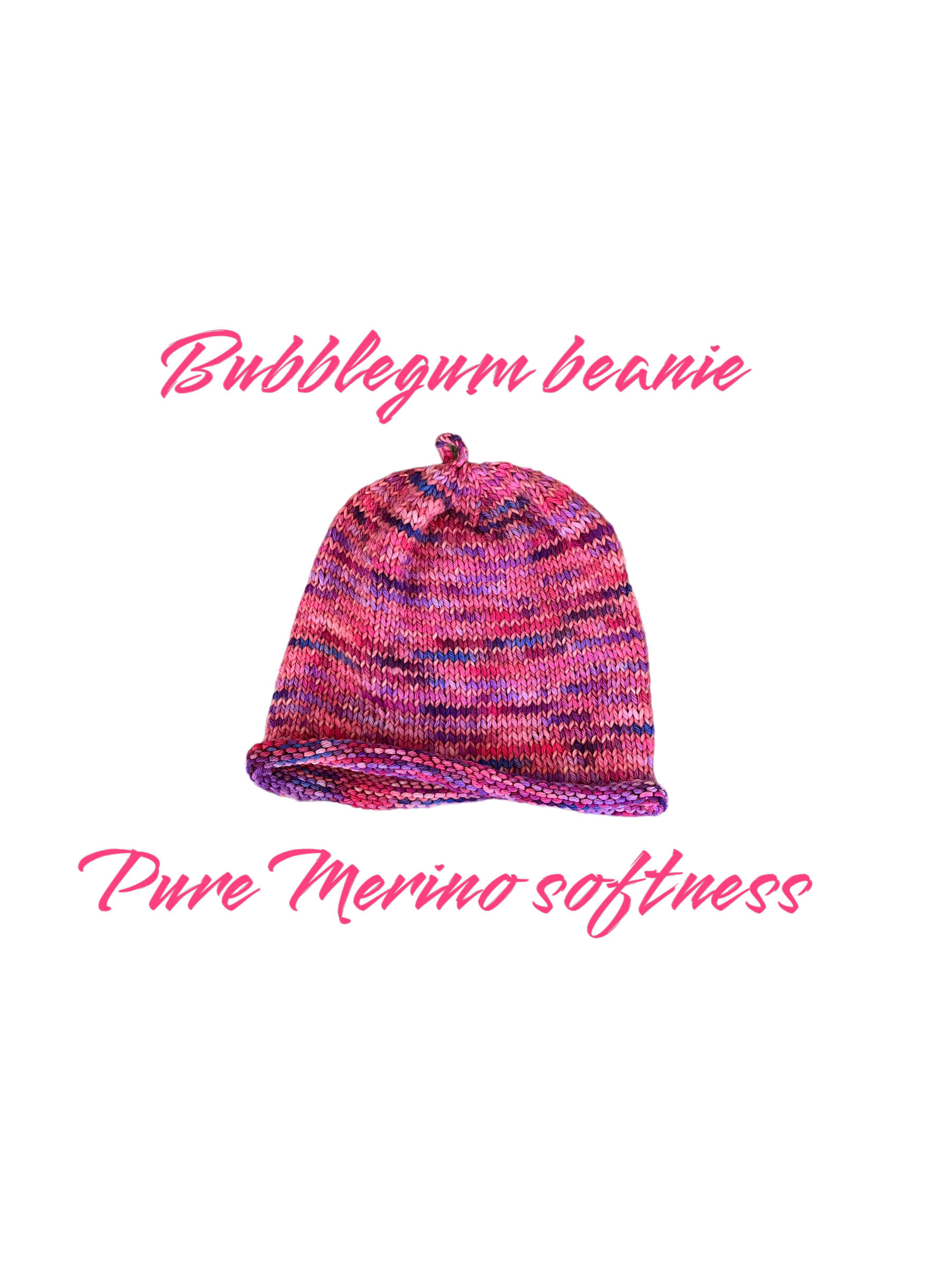 Hand knit pure Merino wool Bubble gum blast and Purple rain  beanies. Sz. M-L. Made in Marin, California M 035-036