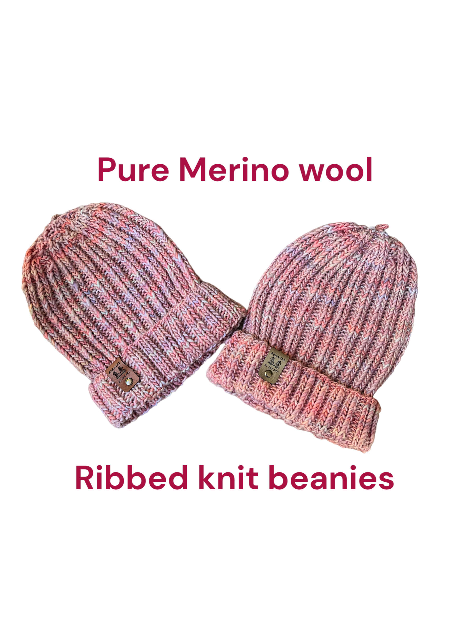 Hand knit pure Merino wool beanies, made in USA, Unisex, one size fits most. M-045 & 046