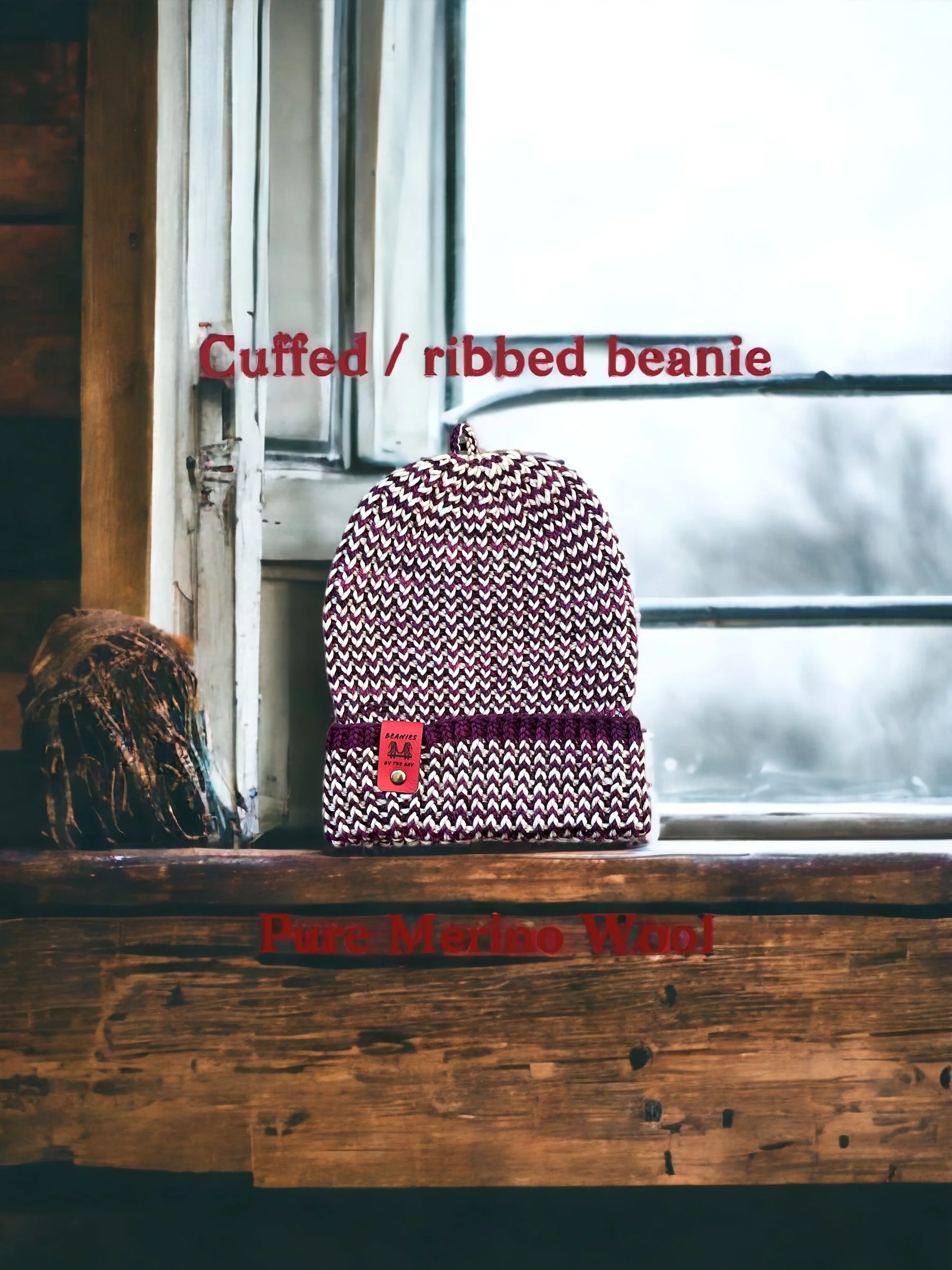 Hand knit pure Merino softness, ribbed and cuffed beanie. Handmade in USA, California