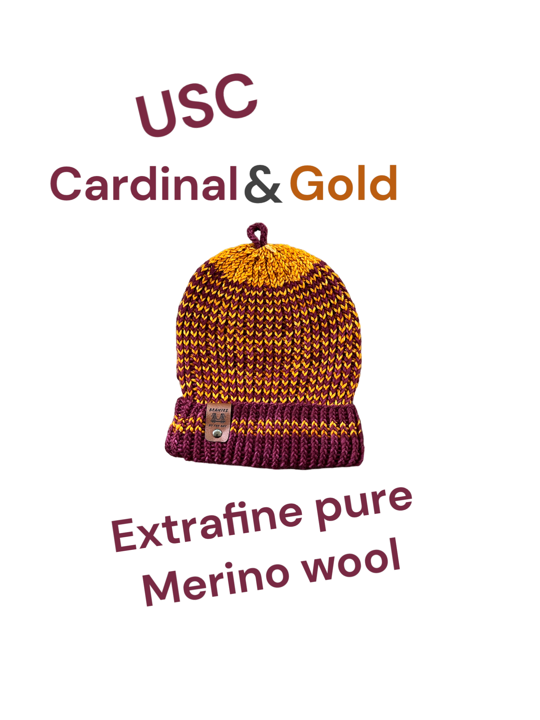 Hand knit USC colors pure Merino wool beanie. Made in USA, NorCal in San Anselmo, Marin