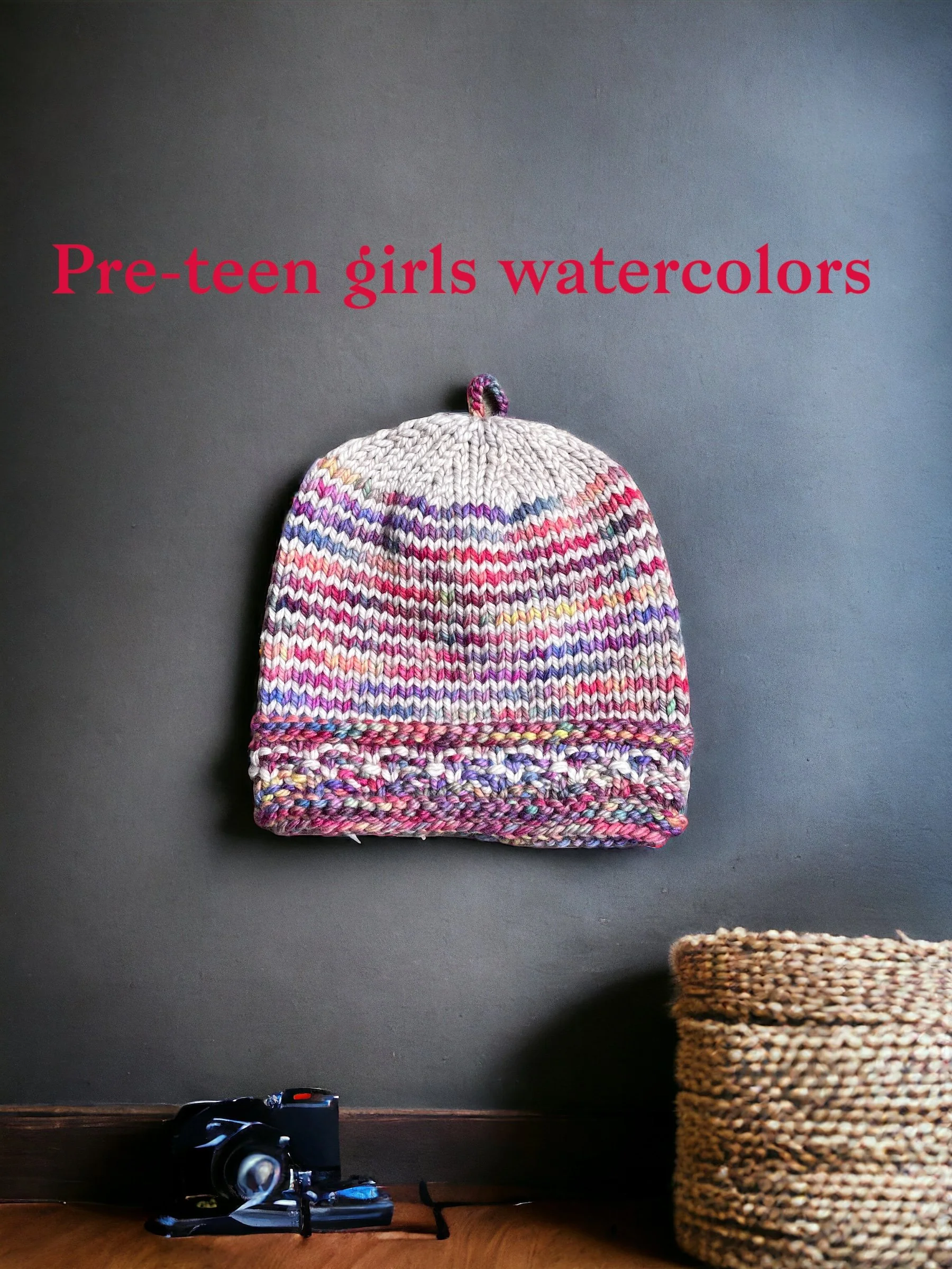 Hand knit beanie; lil girls hat; pre-teen, sz.5-12; pure merino wool, made in USA, Marin