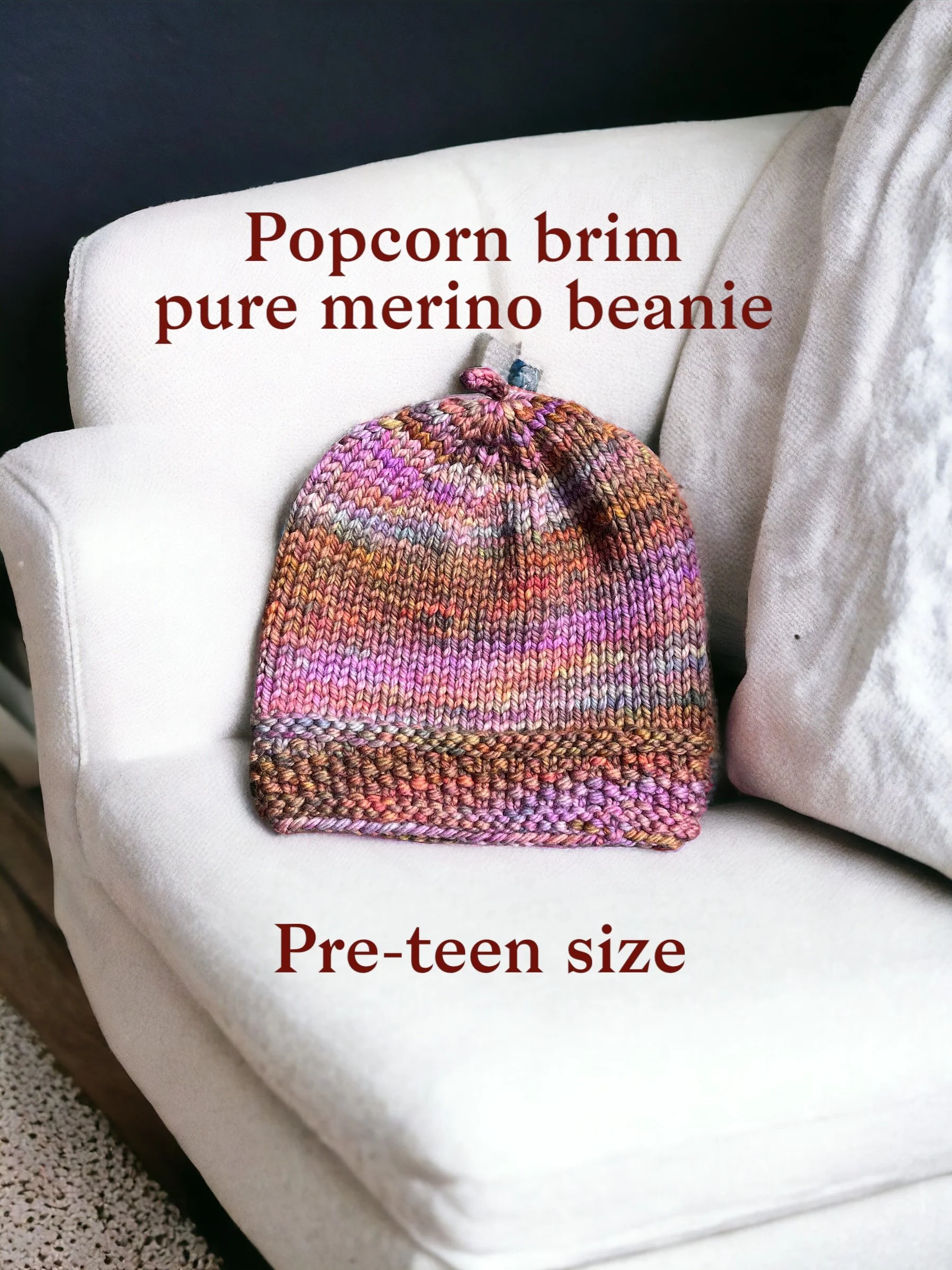 Hand knit lil boys and girls beanie; pre-teen 5-12; made in USA, Marin; pure merino wool; pre-teen unisex