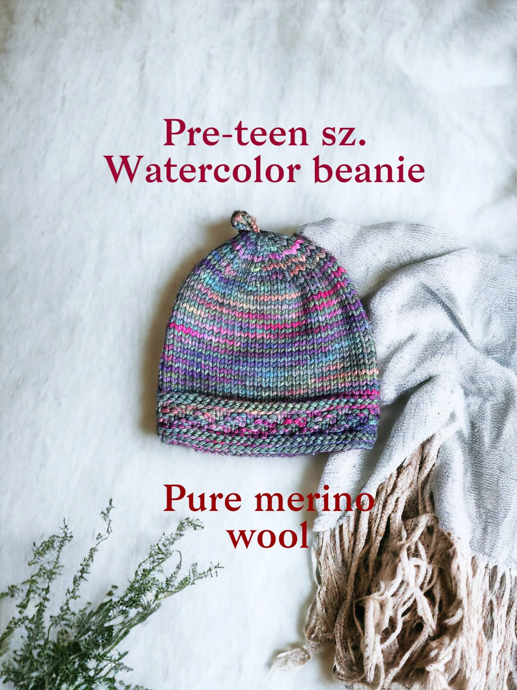 Hand knit pre-teen size beanie; pure merino wool, made in USA