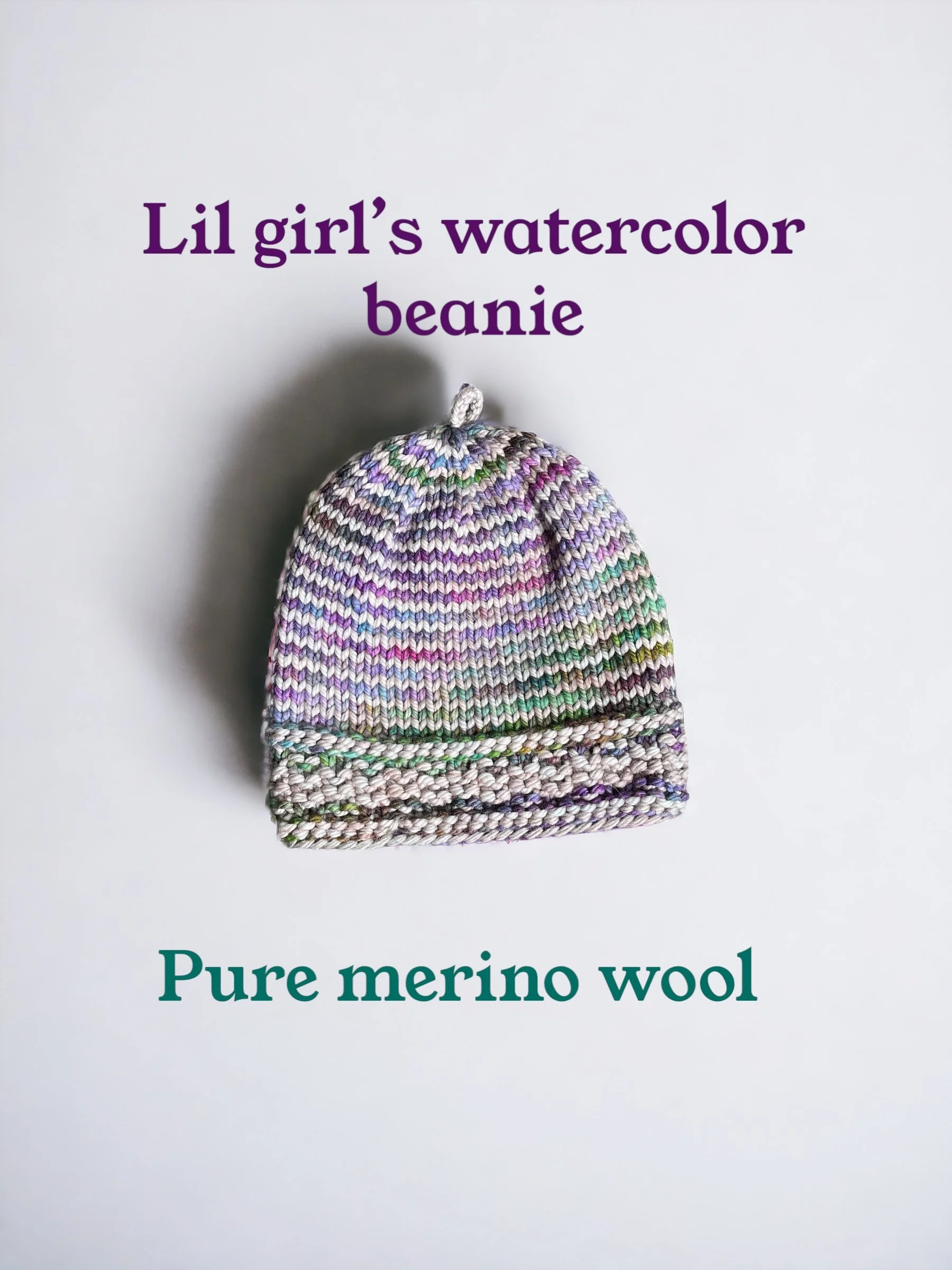 Lil girls hand knit beanie; pure merino wool, 5-12 pre-teen size; made in USA, Marin