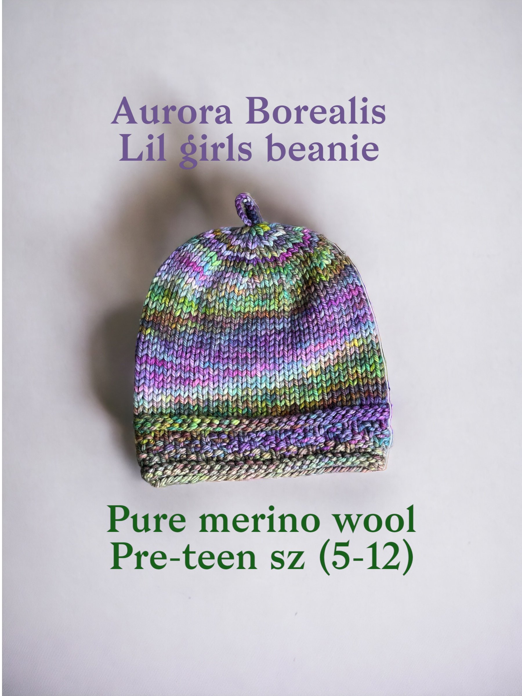 Lil girls beanie; hand knit in USA, Marin; pre-teen 5-12 size; pure merino wool, non-itch beanie