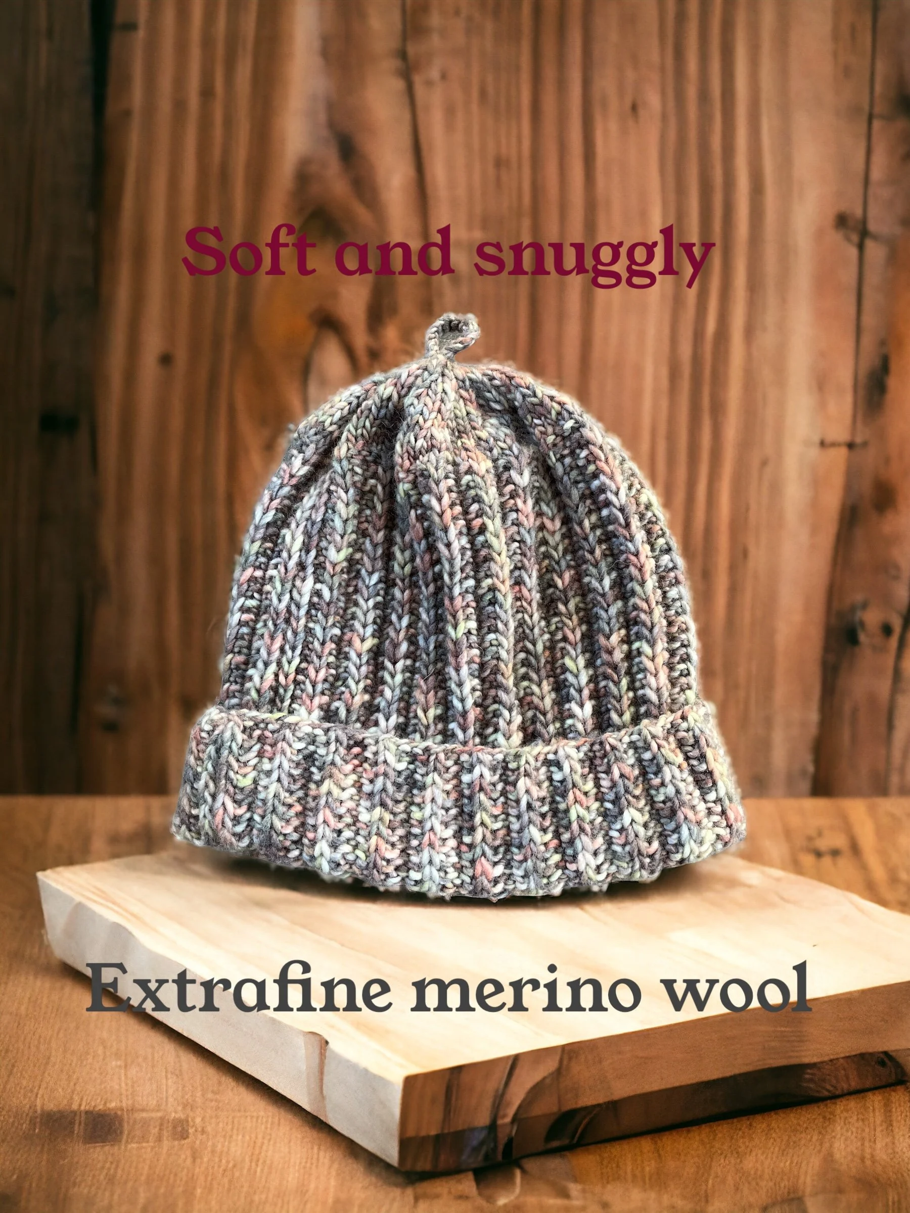 Hand knit pure merino wool beanie. Made in California, Marin. One size. Unisex