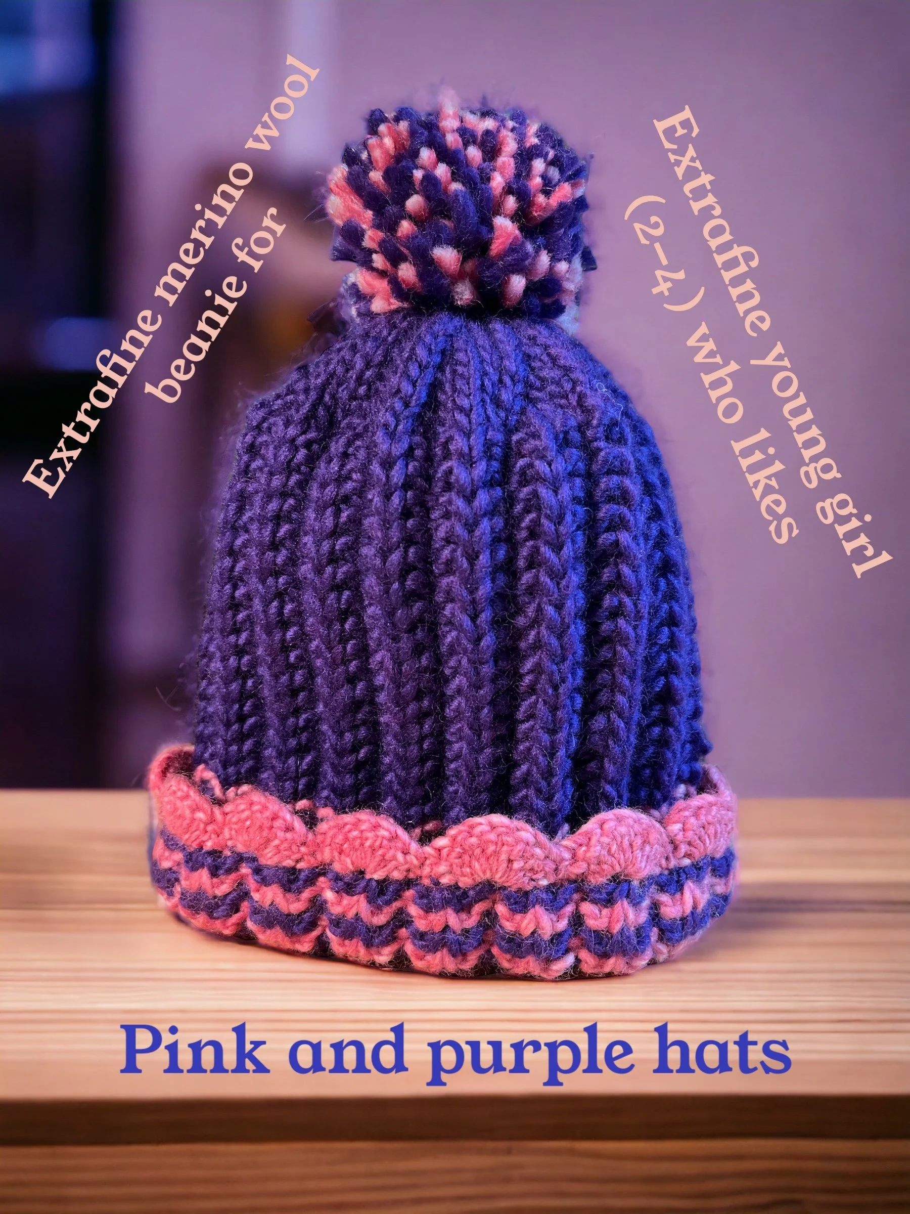 Extrafine Merino beanie for extrafine young girls (2-4T) who like pink and purple hats. Made in USA. Hand knit in NorCal