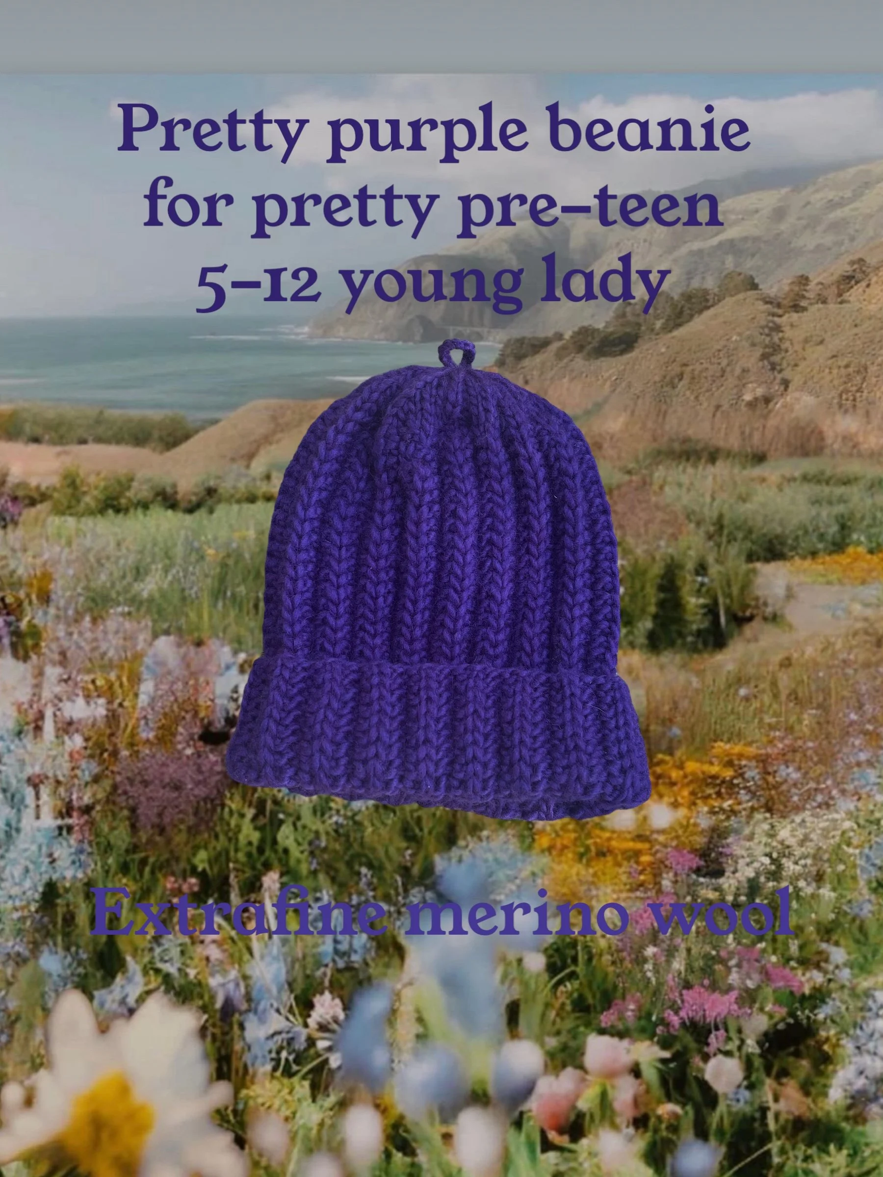 Young lady purple beanie. Sz. 5-12 (pre-teen). Extrafine merino wool. Hand knbit. Handmade in USA. Purple beanie.