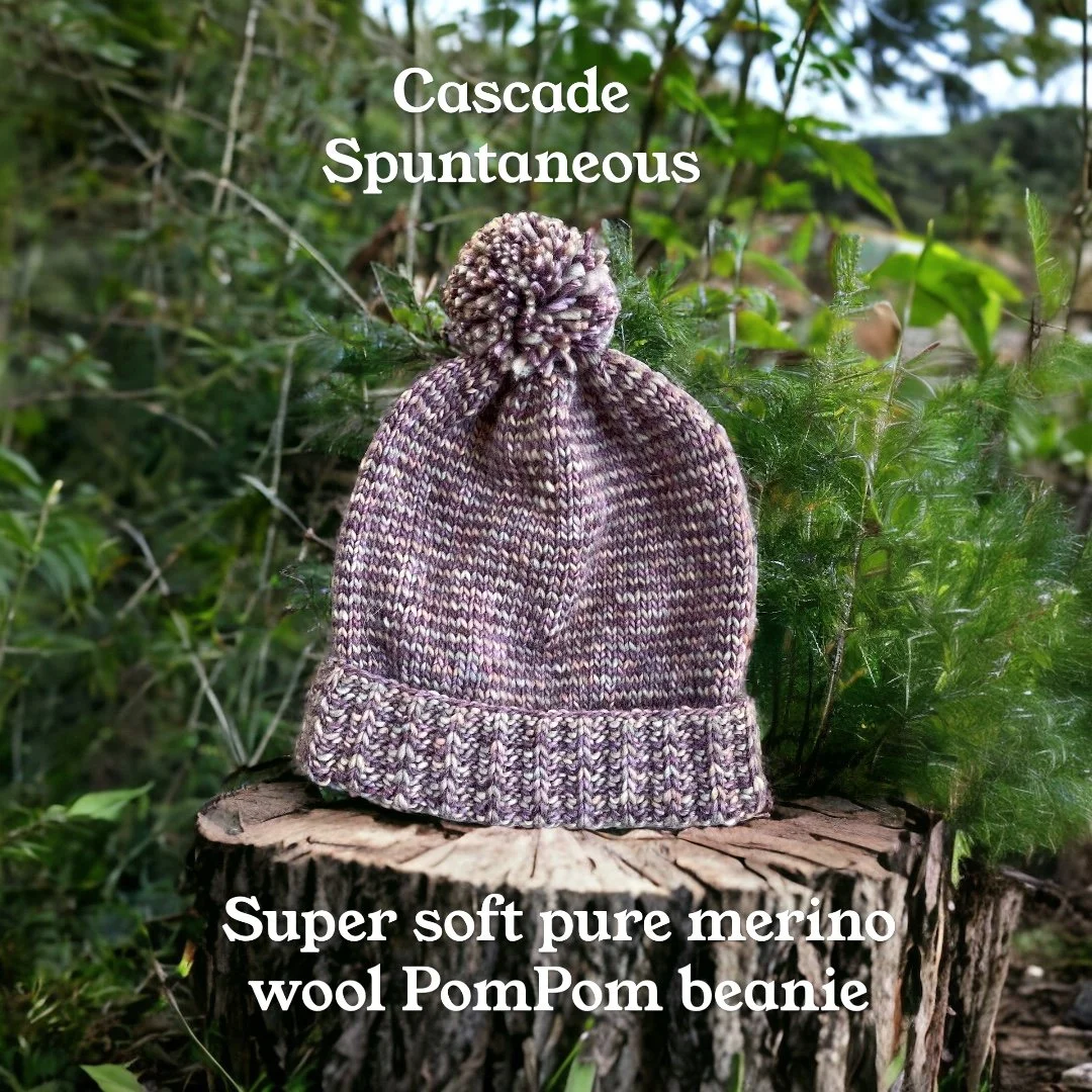Hand knit pure merino wool PomPom beanie. Made in California, Marin. One size. Unisex