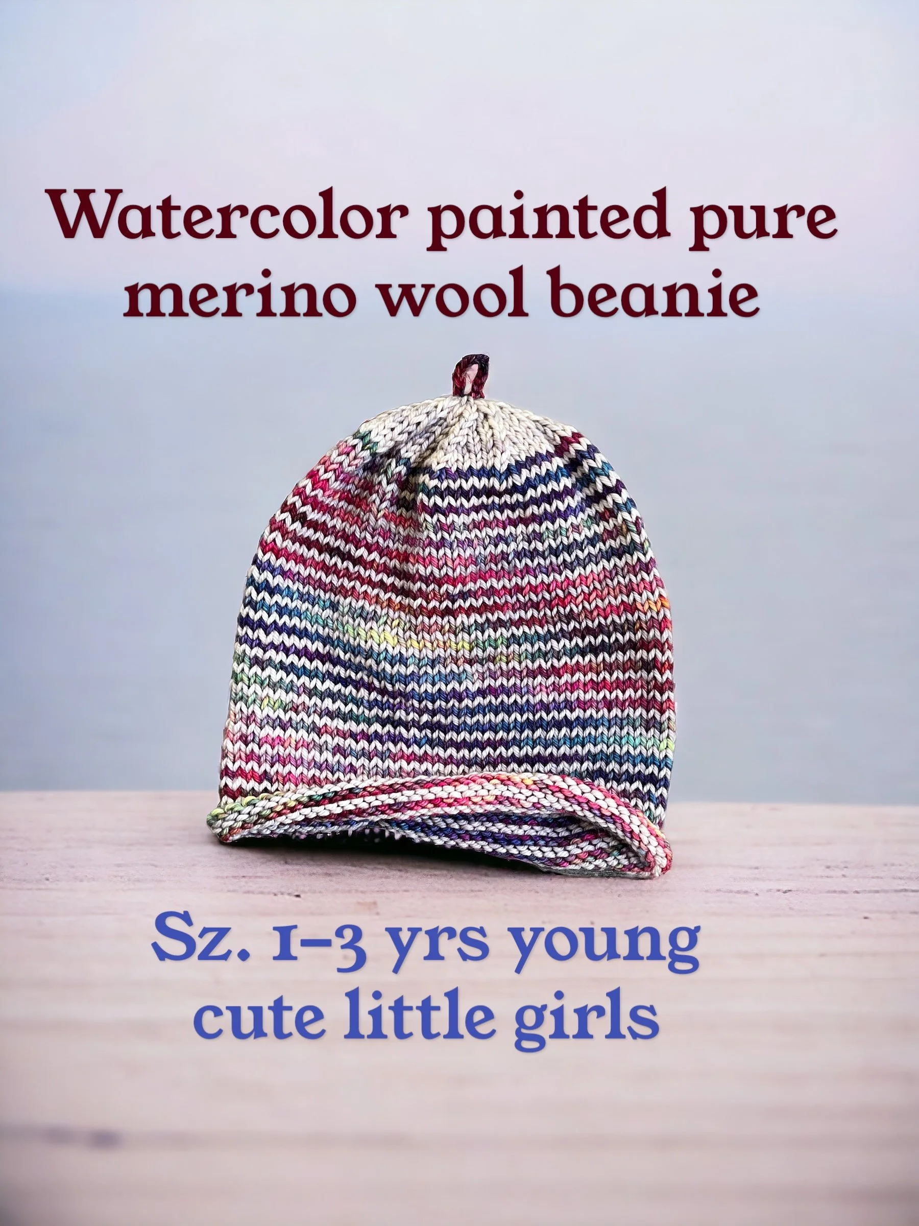 Little girls beanie, hand knit in California, pure merino wool, sz. 1-3 yrs, watercolors