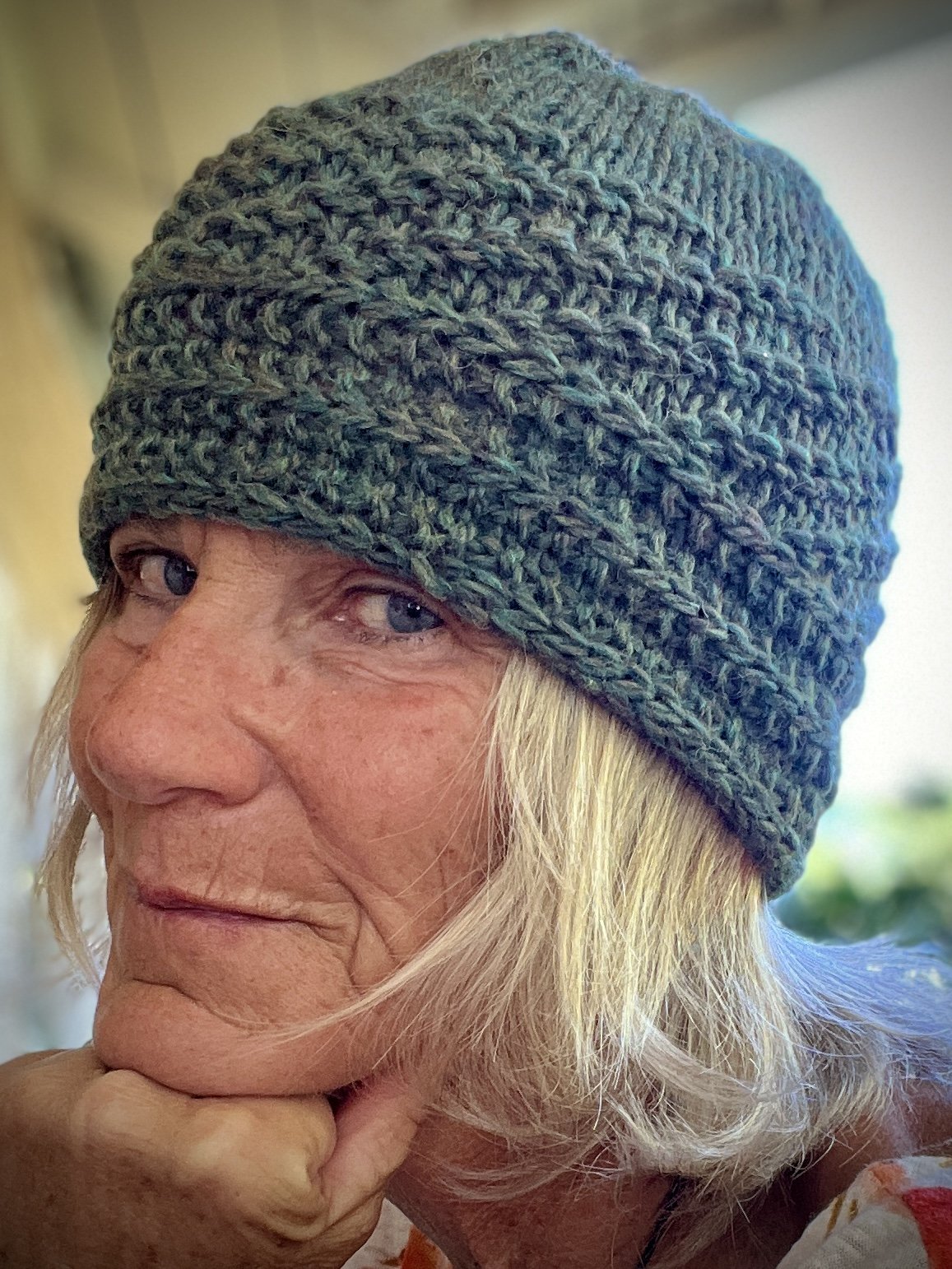 Adult hand knit 100% wool beanie, sage / green, S-M, unisex