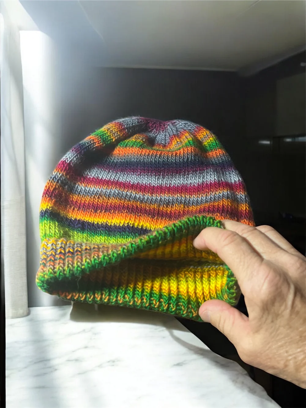 Hand Knit Beanie Hat Stocking Cap Luxury Premium Merino Cashmere Wool Multicolor Brown Multi-Color Merino Wool Knit Hat with Faux Fur Pom Pom  main image 3