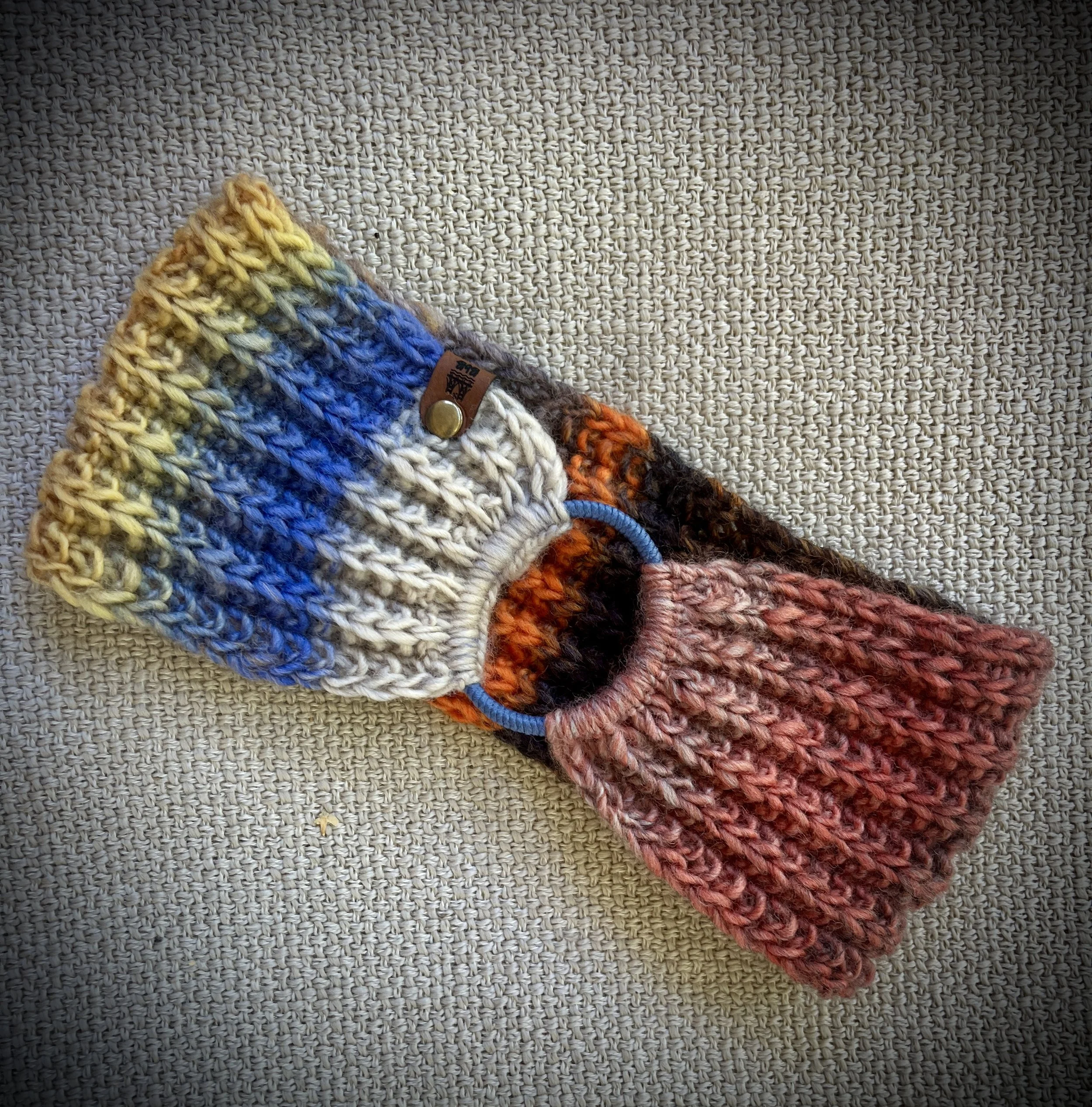Multi-color hand knit merino wool headband. Unisex. one size. made in USA