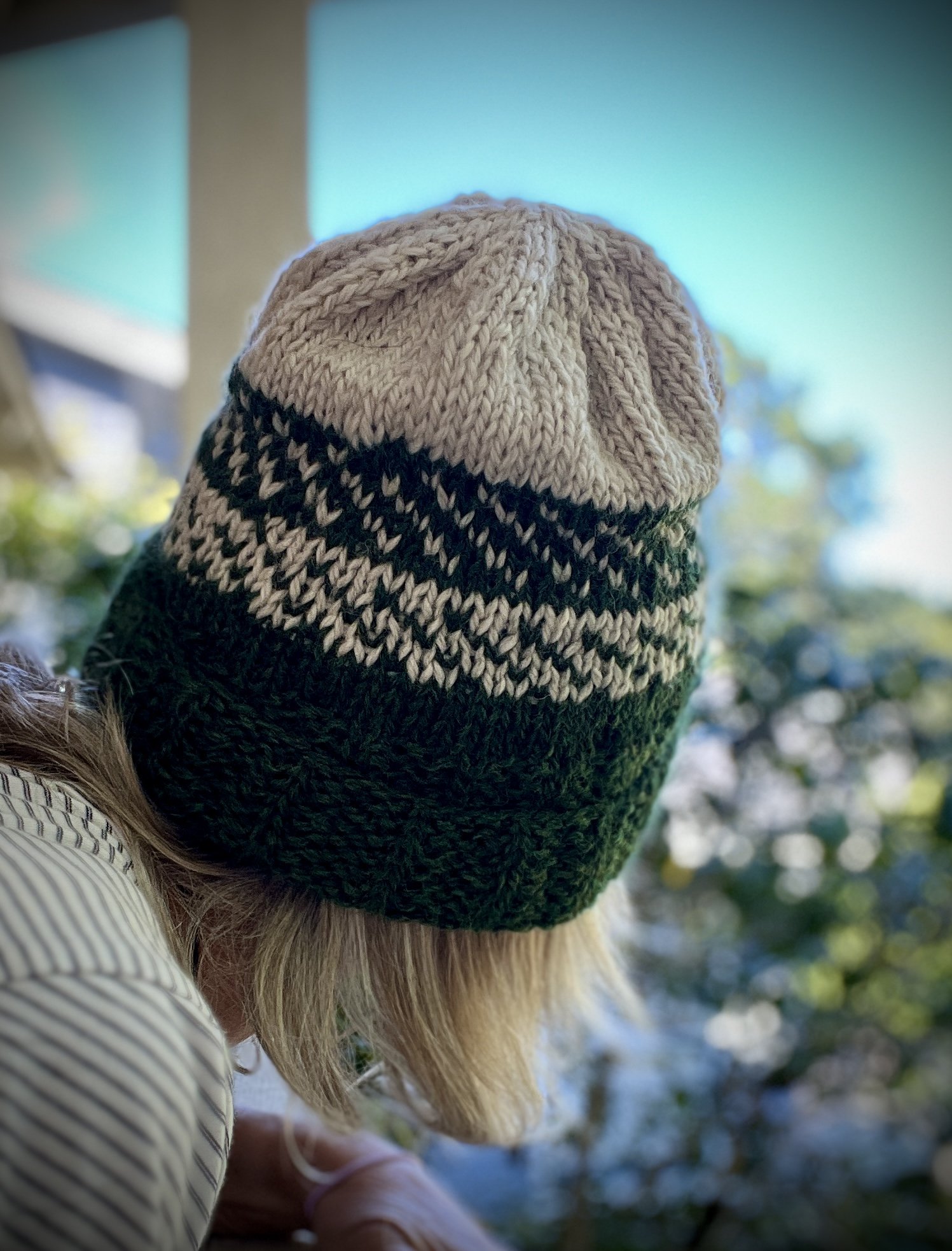 Hand‑knit Beanie — 100% Eco Peruvian Highland Wool (Natural/Green), Unisex, S–M